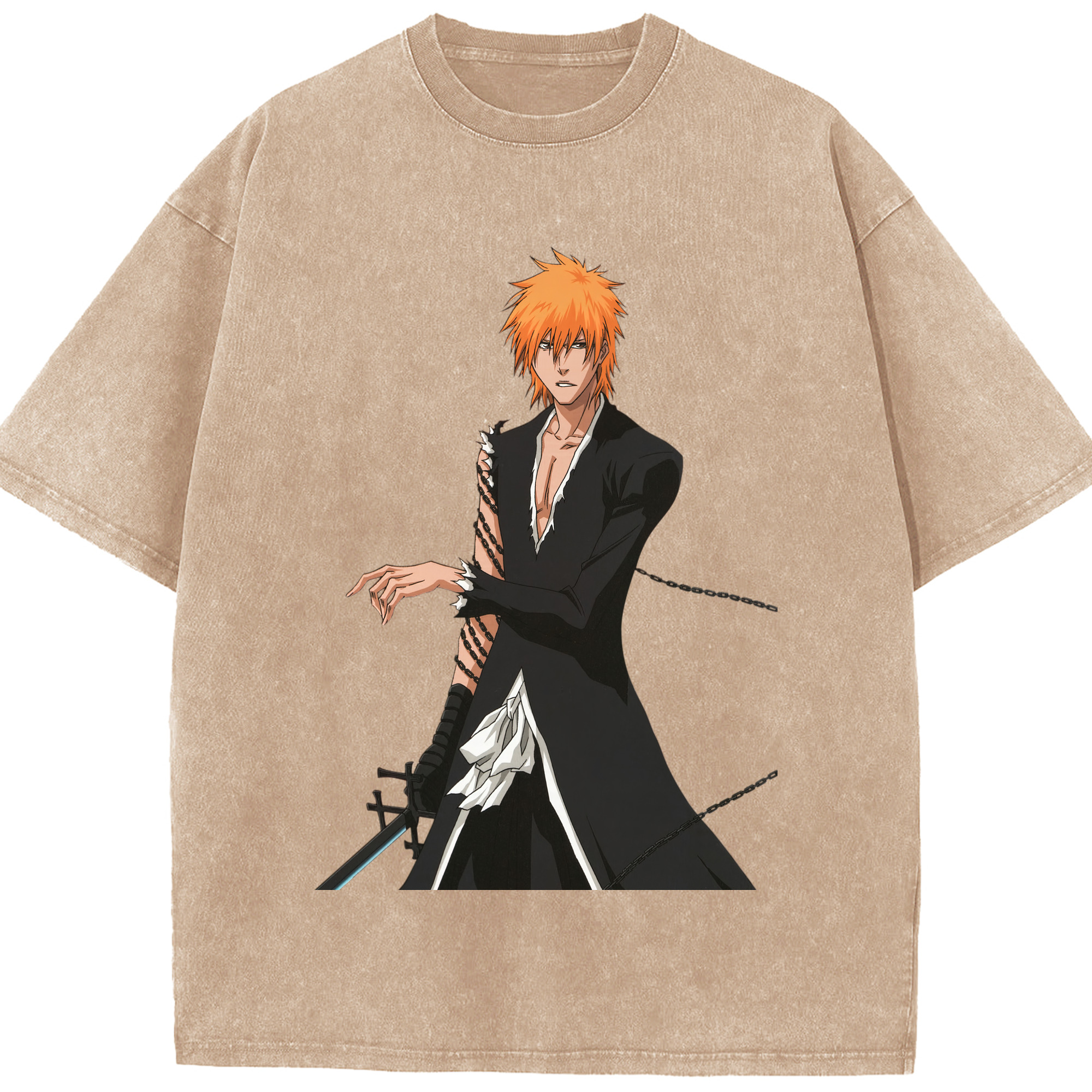 （画像用） ブリーチ 黒崎一護（くろさき いちご）BLEACH Kurosaki Ichigo 綿100% ヴィンテージ風 半袖Tシャツ（フロントプリント）