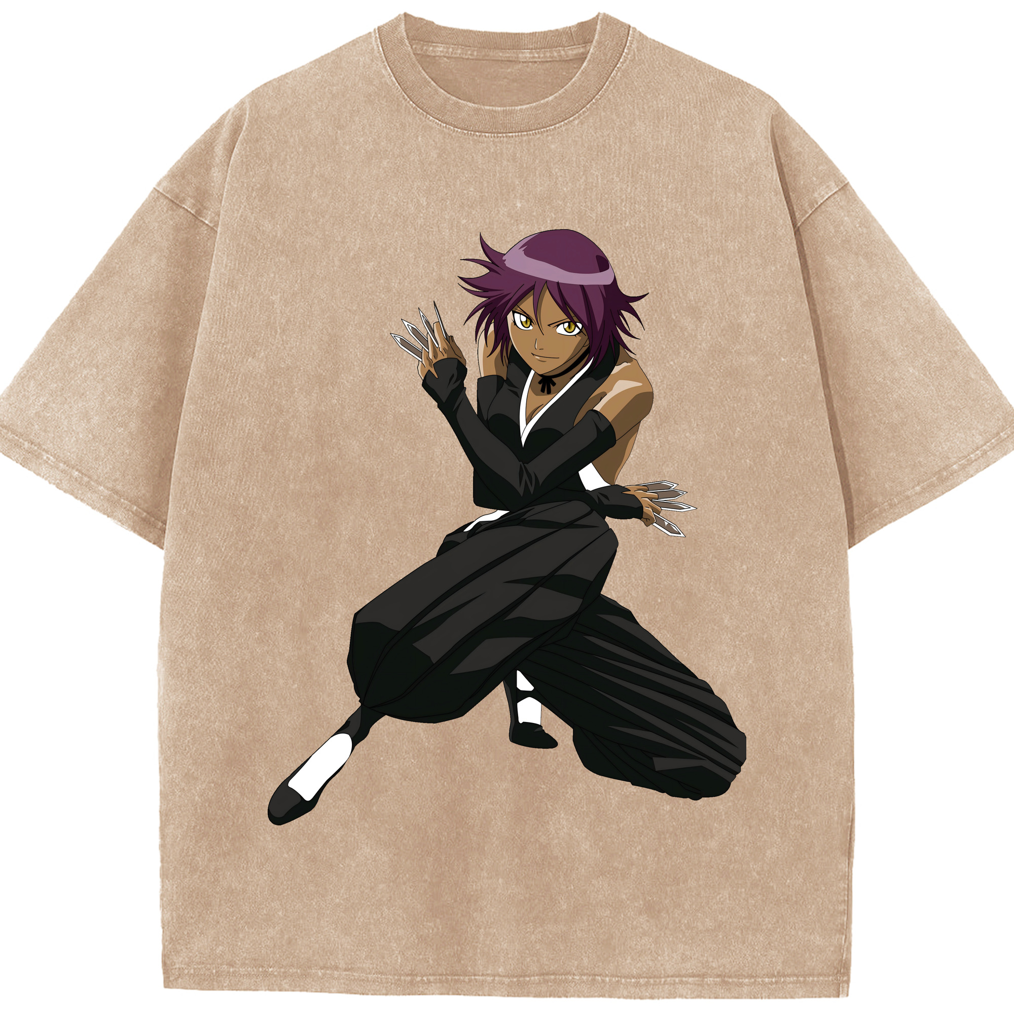 （画像用） ブリーチ 四楓院 夜一（しほういん よるいち） BLEACH Shihouin Yoruichi 綿100% ヴィンテージ風 半袖Tシャツ（フロントプリント）