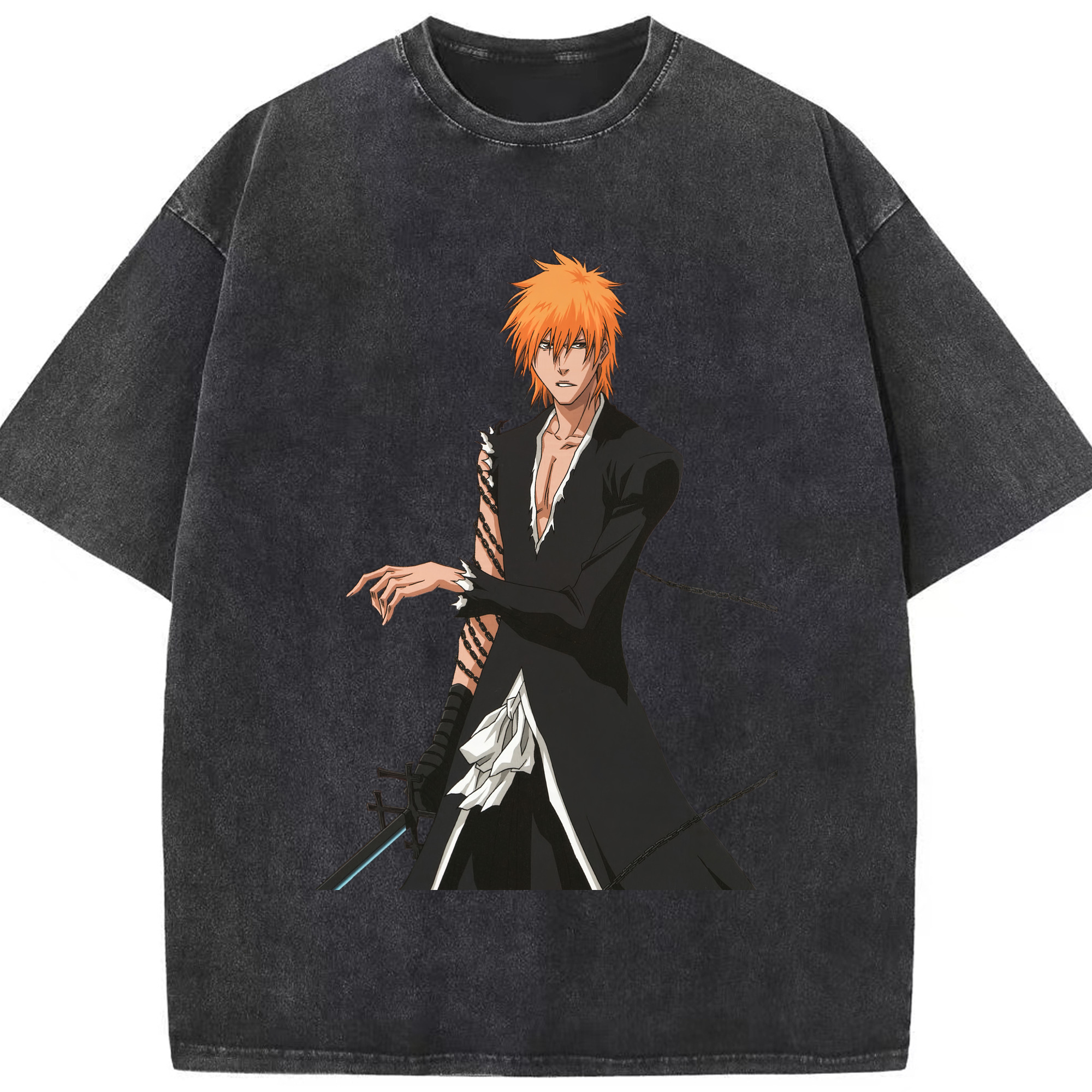 （画像用） ブリーチ 黒崎一護（くろさき いちご）BLEACH Kurosaki Ichigo 綿100% ヴィンテージ風 半袖Tシャツ（フロントプリント）