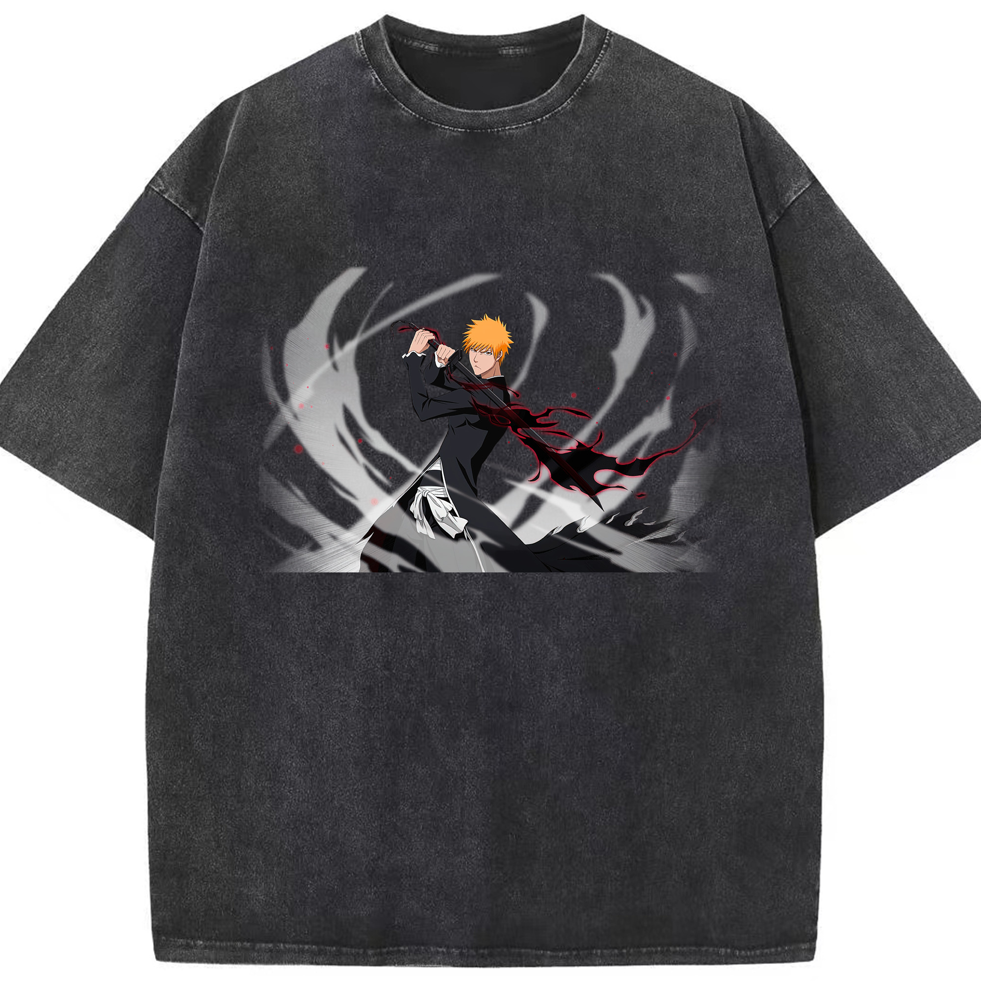 （画像用） ブリーチ 黒崎一護（くろさき いちご）BLEACH Kurosaki Ichigo 綿100% ヴィンテージ風 半袖Tシャツ（フロントプリント）