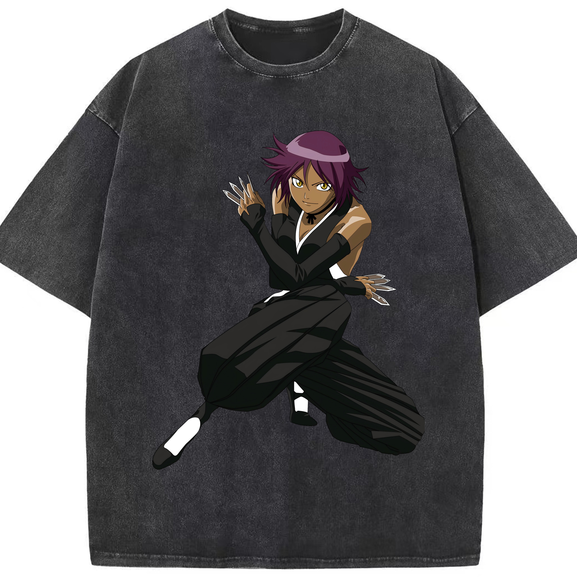 （画像用） ブリーチ 四楓院 夜一（しほういん よるいち） BLEACH Shihouin Yoruichi 綿100% ヴィンテージ風 半袖Tシャツ（フロントプリント）