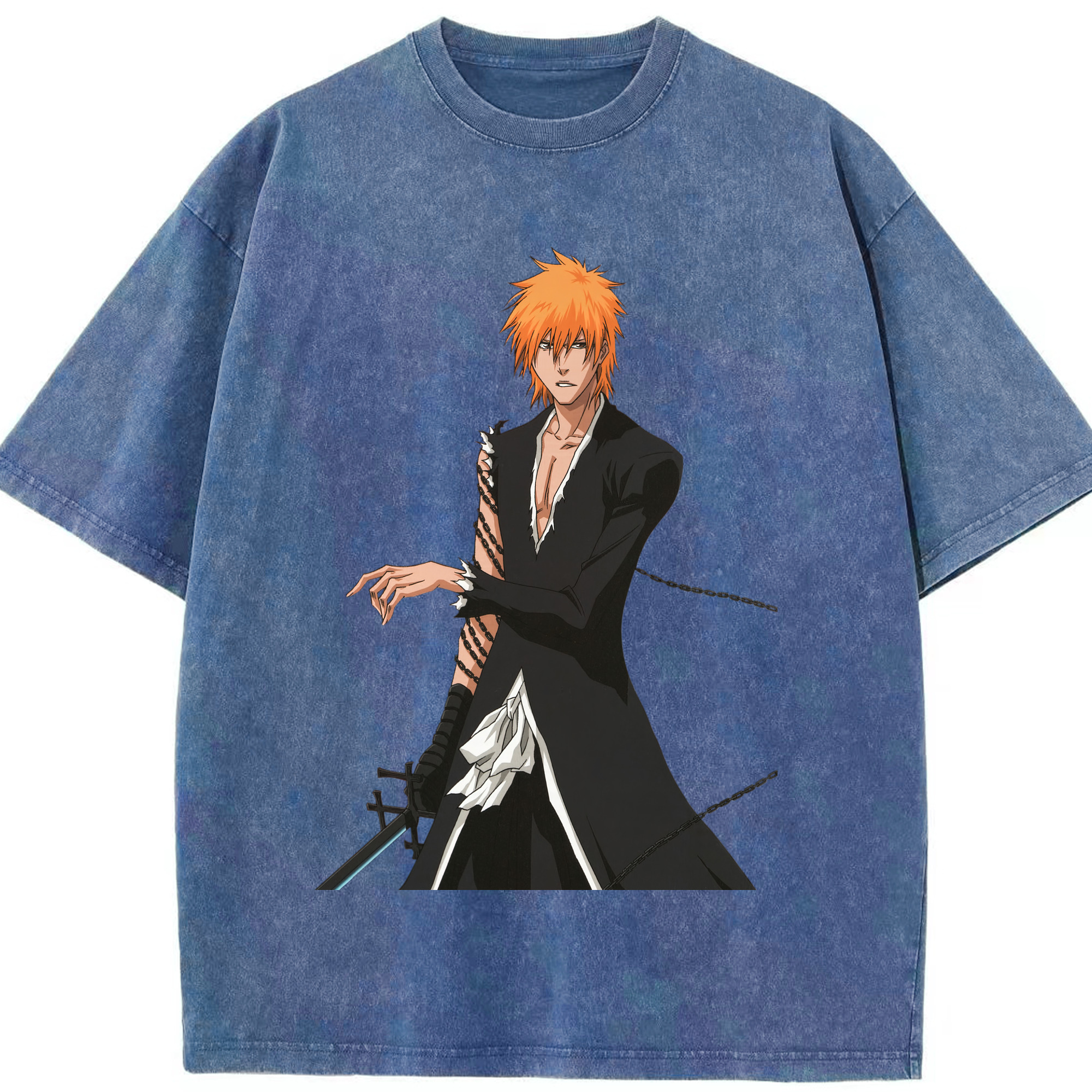 （画像用） ブリーチ 黒崎一護（くろさき いちご）BLEACH Kurosaki Ichigo 綿100% ヴィンテージ風 半袖Tシャツ（フロントプリント）