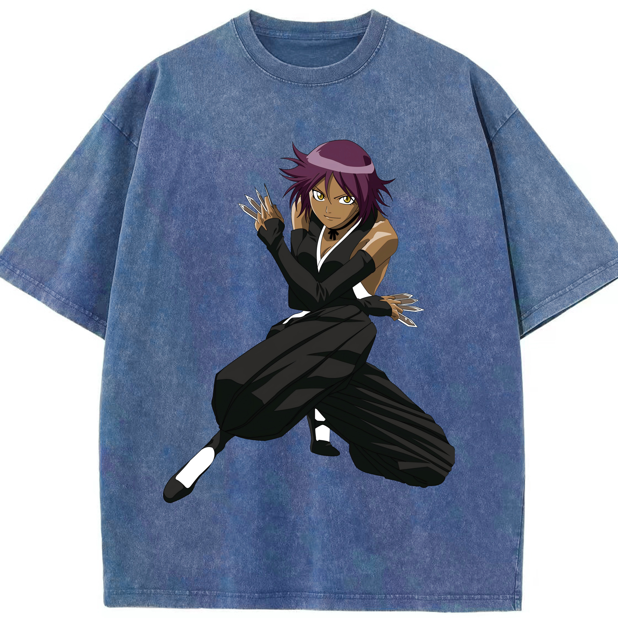 （画像用） ブリーチ 四楓院 夜一（しほういん よるいち） BLEACH Shihouin Yoruichi 綿100% ヴィンテージ風 半袖Tシャツ（フロントプリント）