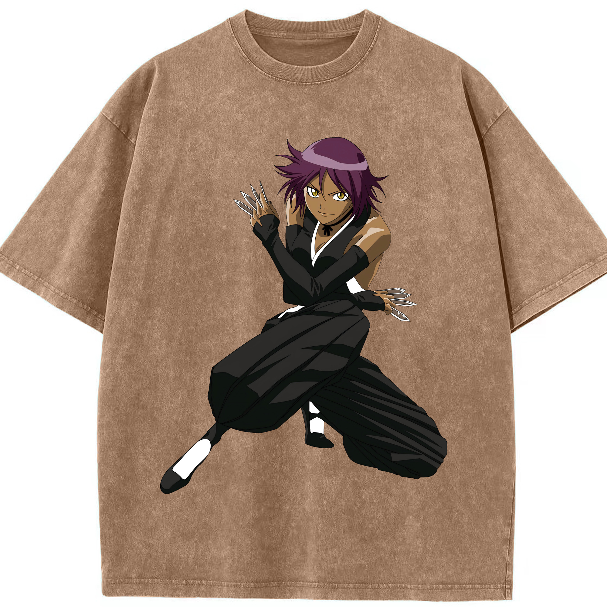 （画像用） ブリーチ 四楓院 夜一（しほういん よるいち） BLEACH Shihouin Yoruichi 綿100% ヴィンテージ風 半袖Tシャツ（フロントプリント）