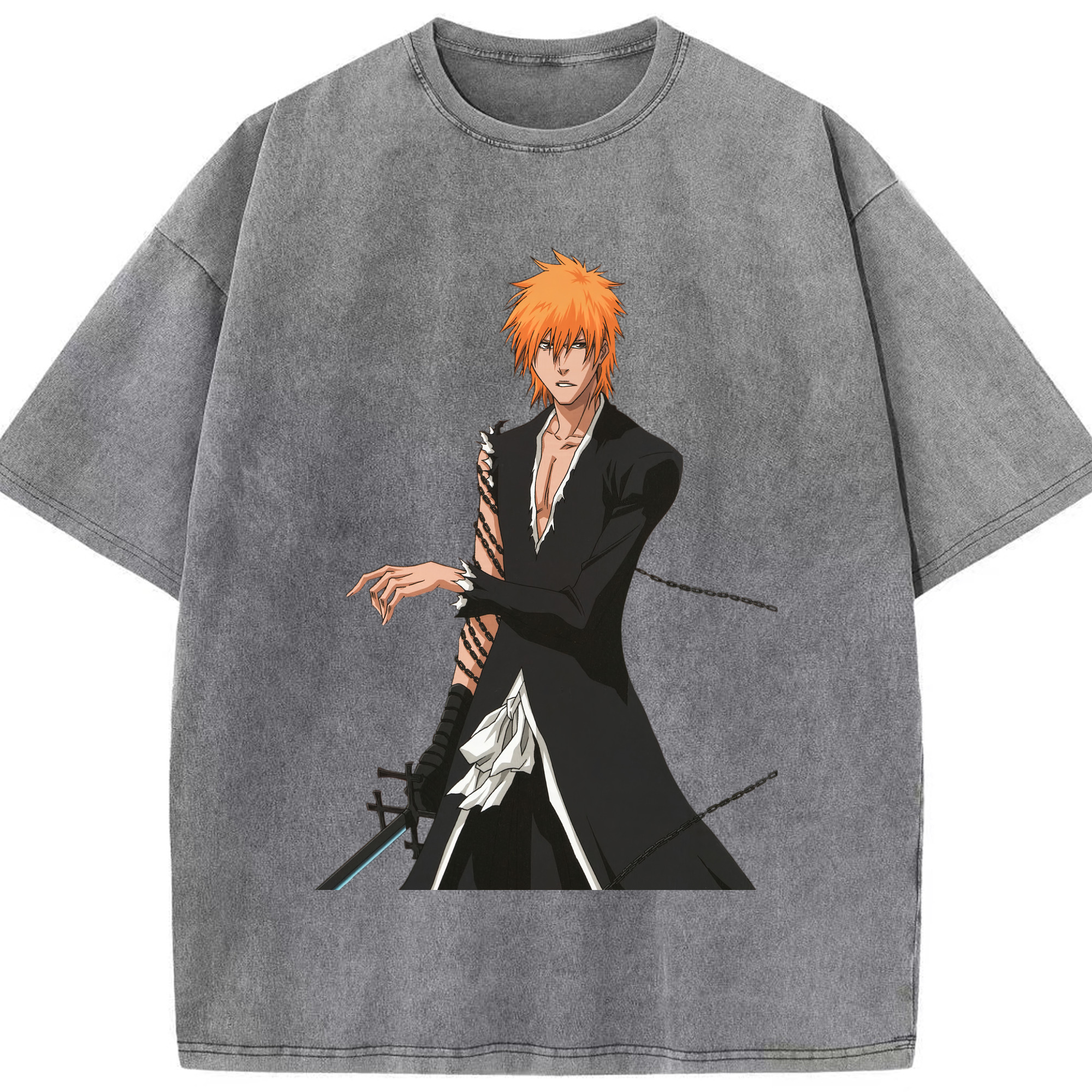 （画像用） ブリーチ 黒崎一護（くろさき いちご）BLEACH Kurosaki Ichigo 綿100% ヴィンテージ風 半袖Tシャツ（フロントプリント）