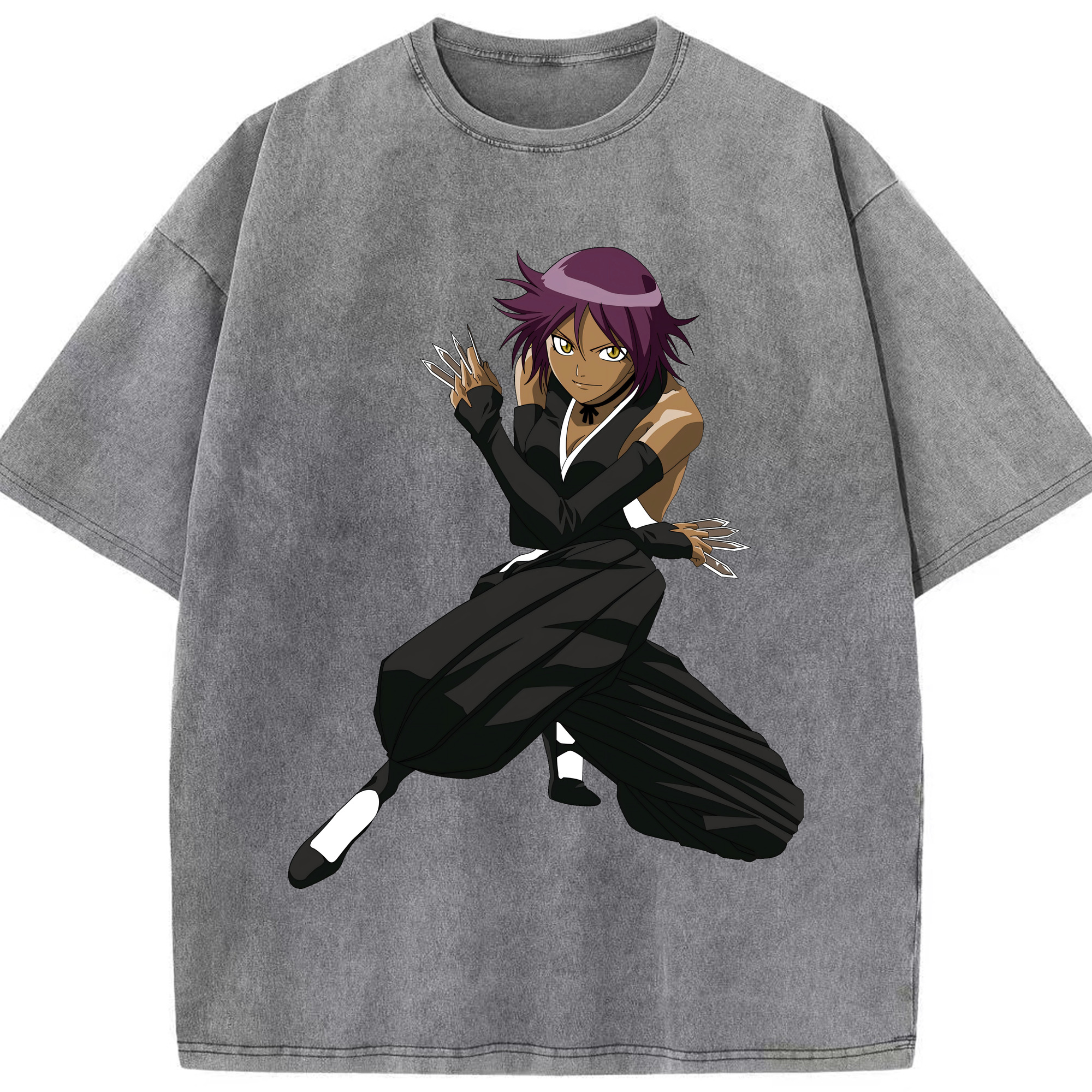 （画像用） ブリーチ 四楓院 夜一（しほういん よるいち） BLEACH Shihouin Yoruichi 綿100% ヴィンテージ風 半袖Tシャツ（フロントプリント）