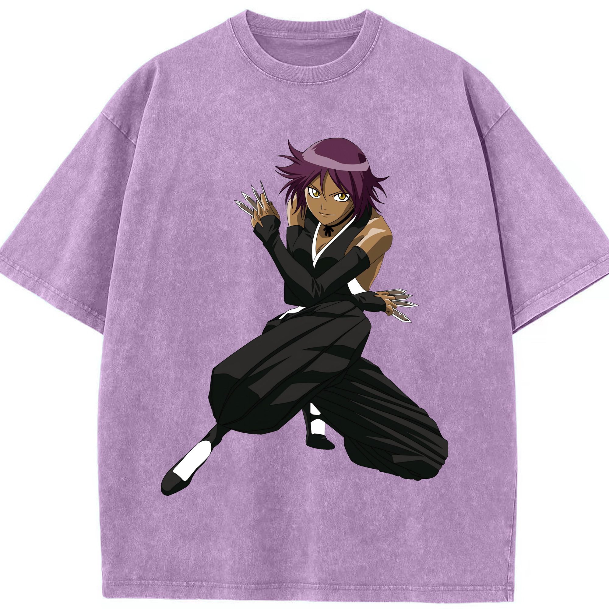 （画像用） ブリーチ 四楓院 夜一（しほういん よるいち） BLEACH Shihouin Yoruichi 綿100% ヴィンテージ風 半袖Tシャツ（フロントプリント）