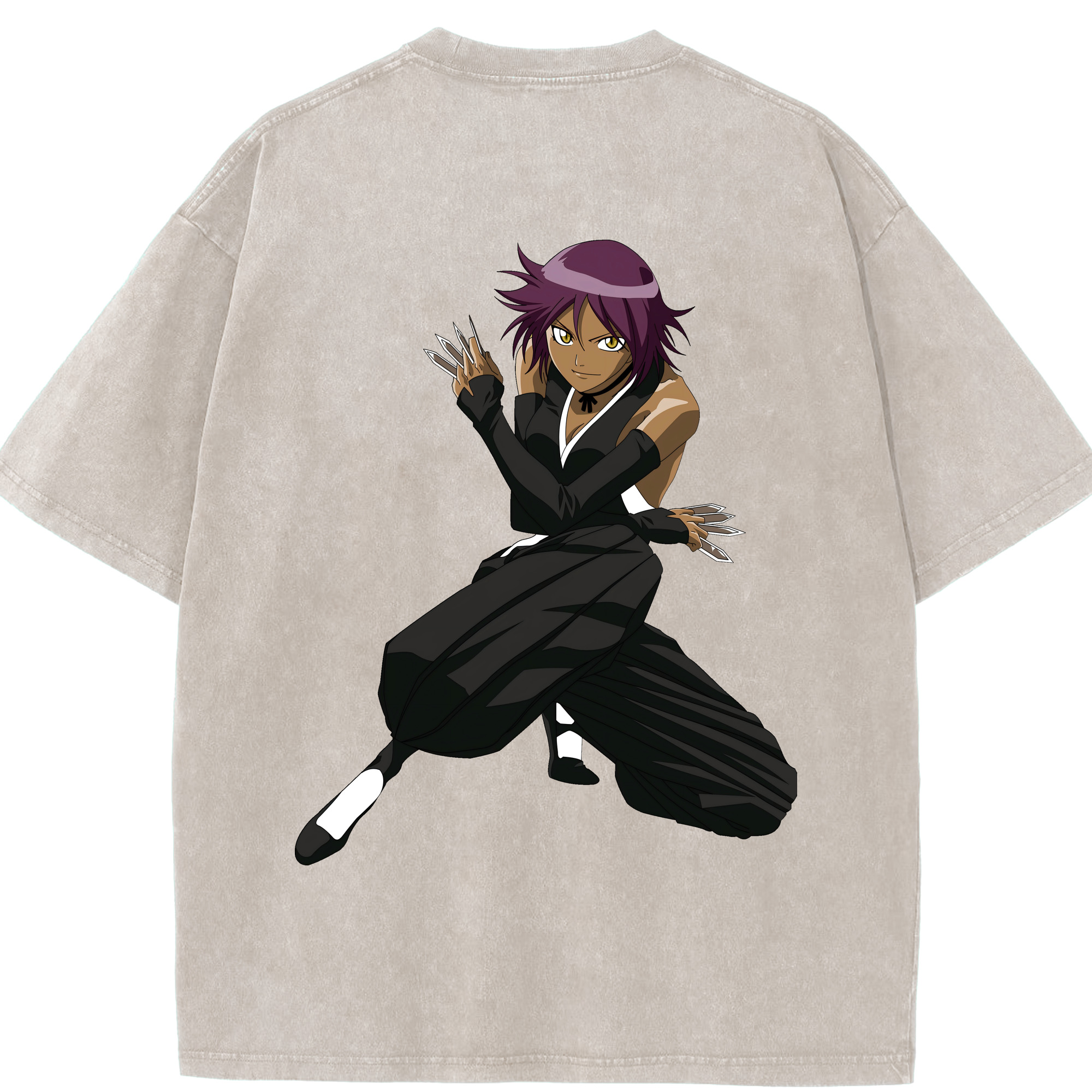 （画像用） ブリーチ 四楓院 夜一（しほういん よるいち） BLEACH Shihouin Yoruichi 綿100% ヴィンテージ風 半袖Tシャツ（背面プリント）