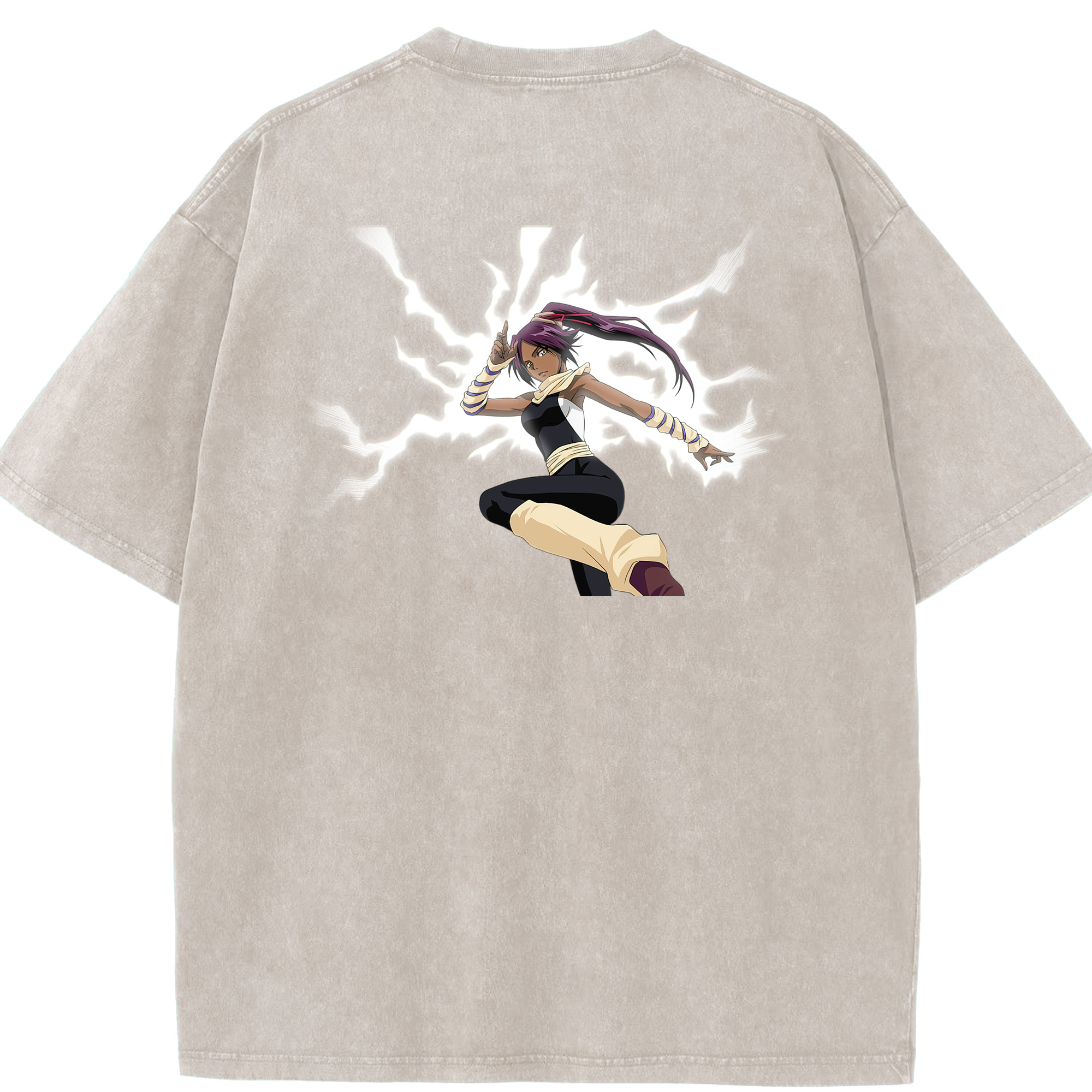 （画像用） ブリーチ 四楓院 夜一（しほういん よるいち） BLEACH Shihouin Yoruichi 綿100% ヴィンテージ風 半袖Tシャツ（背面プリント）