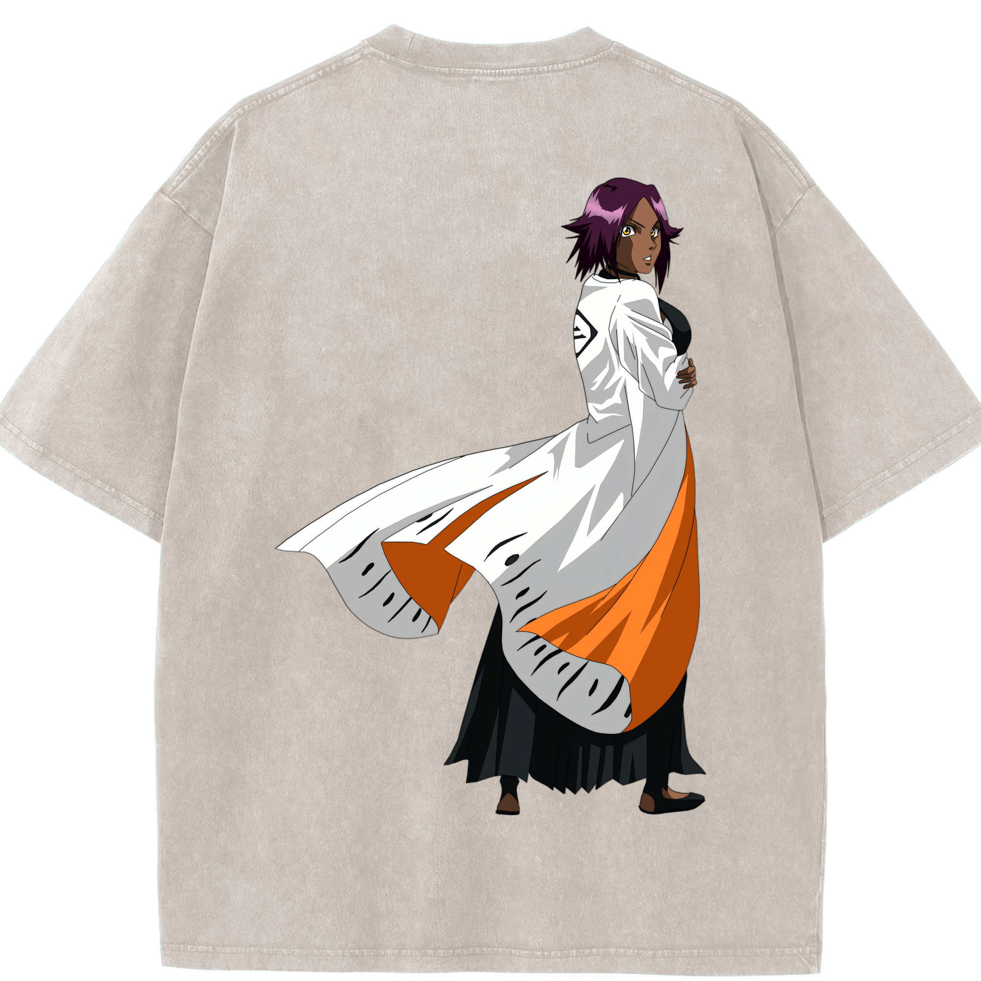 （画像用） ブリーチ 四楓院 夜一（しほういん よるいち） BLEACH Shihouin Yoruichi 綿100% ヴィンテージ風 半袖Tシャツ（背面プリント）