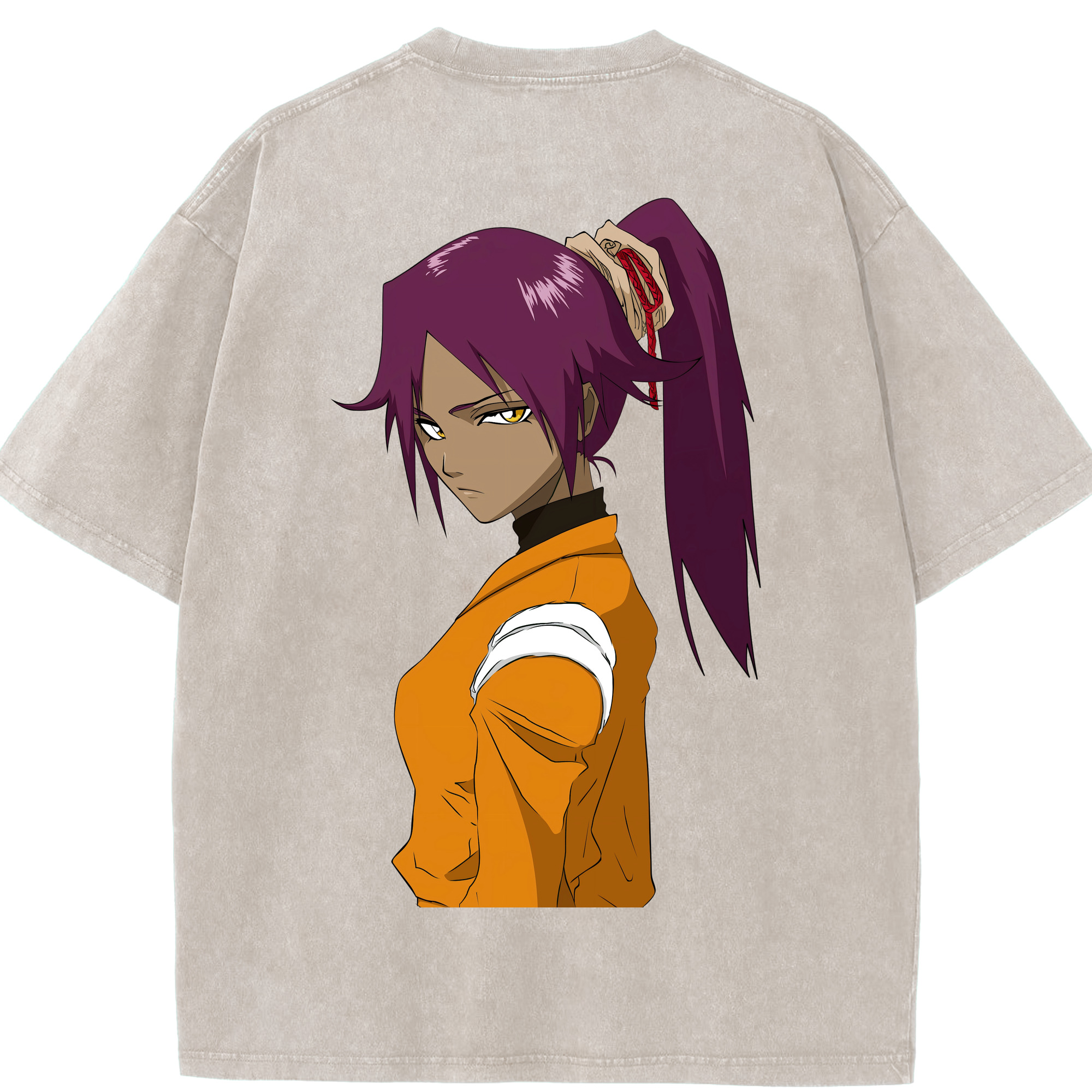 （画像用） ブリーチ 四楓院 夜一（しほういん よるいち） BLEACH Shihouin Yoruichi 綿100% ヴィンテージ風 半袖Tシャツ（背面プリント）