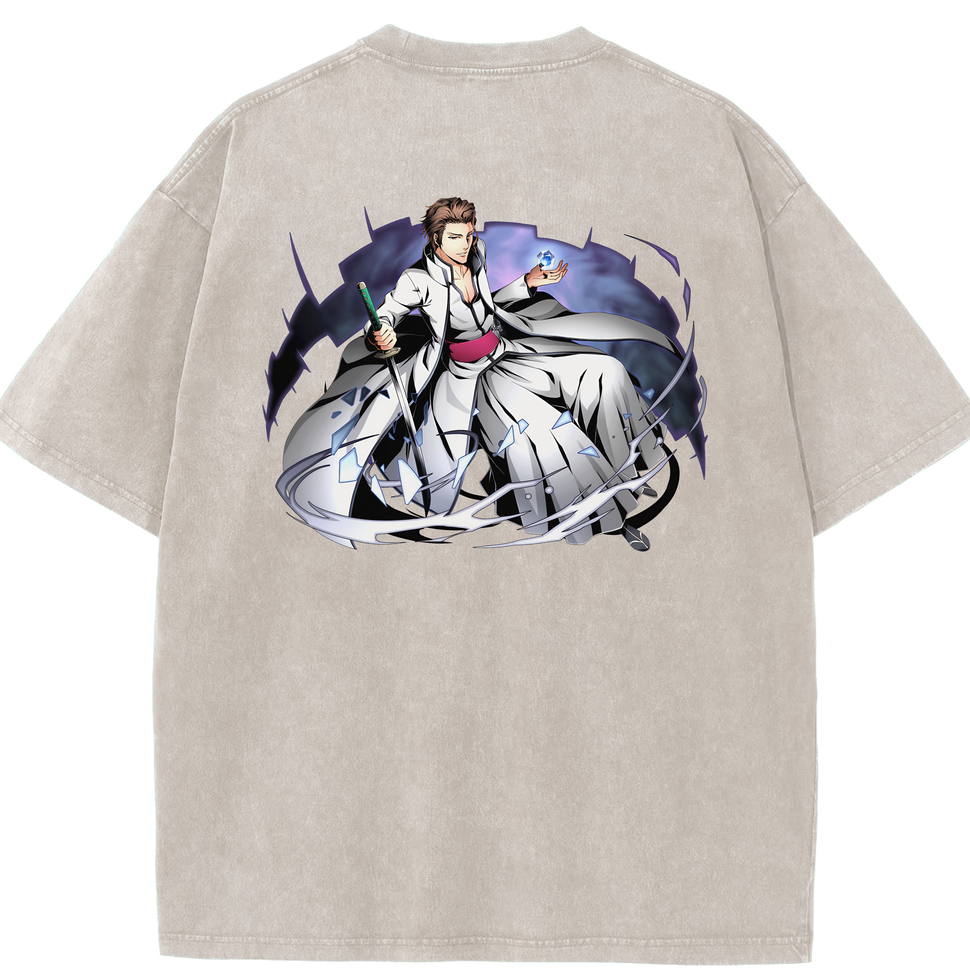 （画像用） ブリーチ 藍染 惣右介（あいぜん そうすけ） BLEACH Aizen Sousuke 綿100% ヴィンテージ風 半袖Tシャツ（背面プリント）