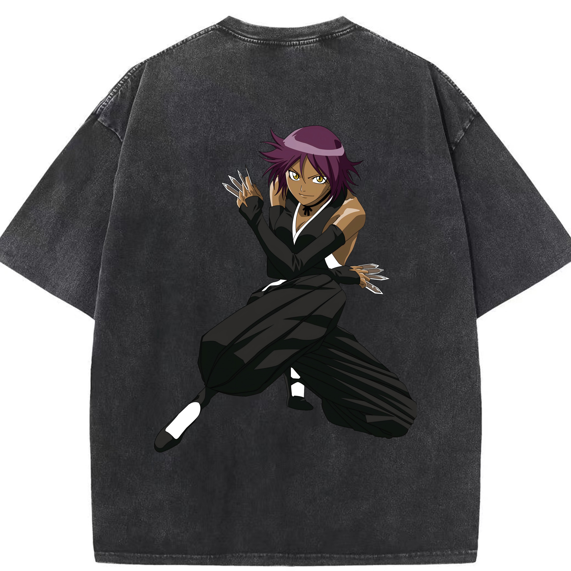 （画像用） ブリーチ 四楓院 夜一（しほういん よるいち） BLEACH Shihouin Yoruichi 綿100% ヴィンテージ風 半袖Tシャツ（背面プリント）