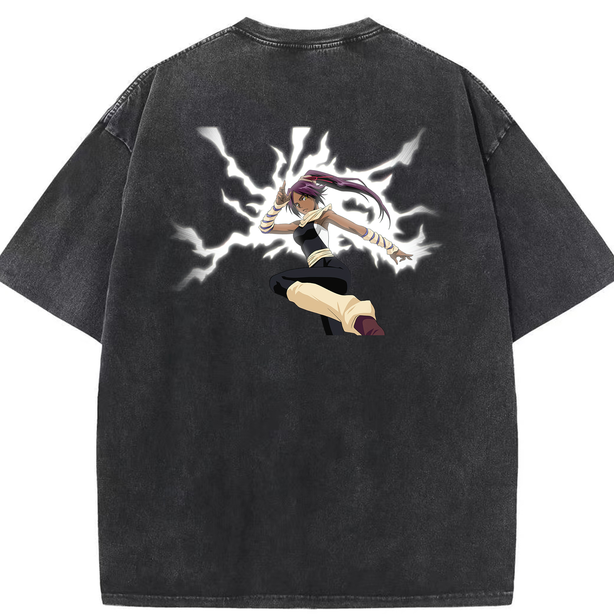 （画像用） ブリーチ 四楓院 夜一（しほういん よるいち） BLEACH Shihouin Yoruichi 綿100% ヴィンテージ風 半袖Tシャツ（背面プリント）