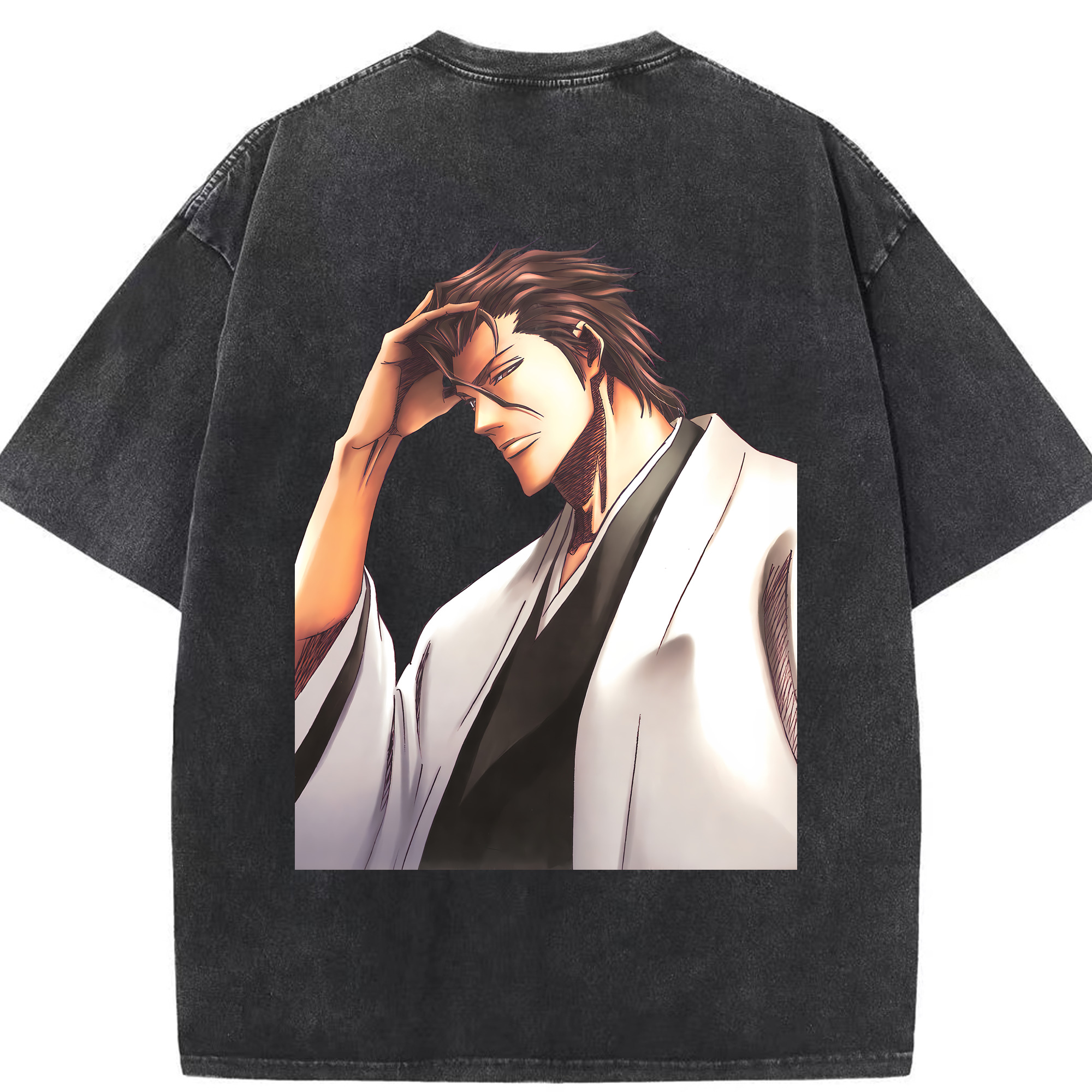 （画像用） ブリーチ 藍染 惣右介（あいぜん そうすけ） BLEACH Aizen Sousuke 綿100% ヴィンテージ風 半袖Tシャツ（背面プリント）