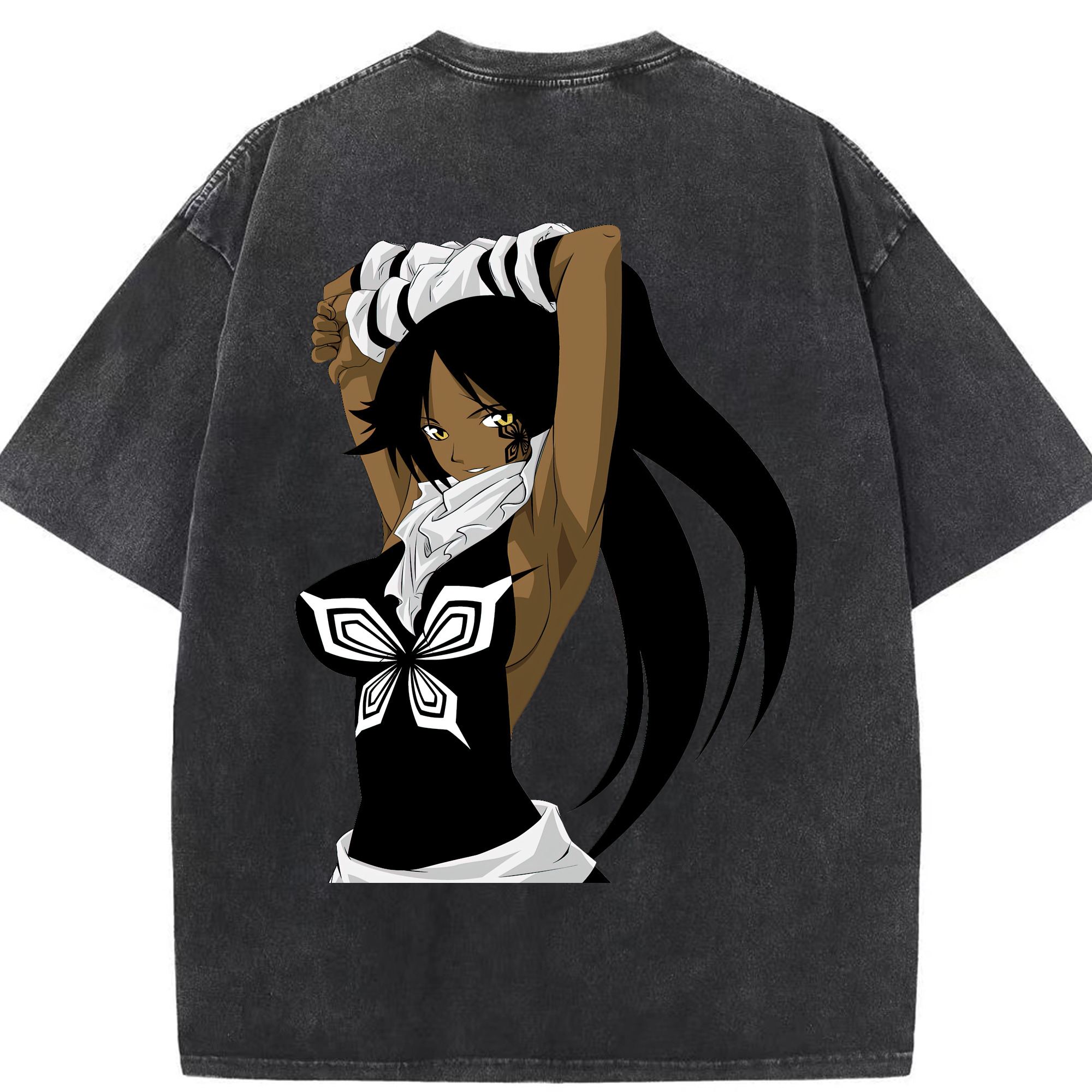 （画像用） ブリーチ 四楓院 夜一（しほういん よるいち） BLEACH Shihouin Yoruichi 綿100% ヴィンテージ風 半袖Tシャツ（背面プリント）