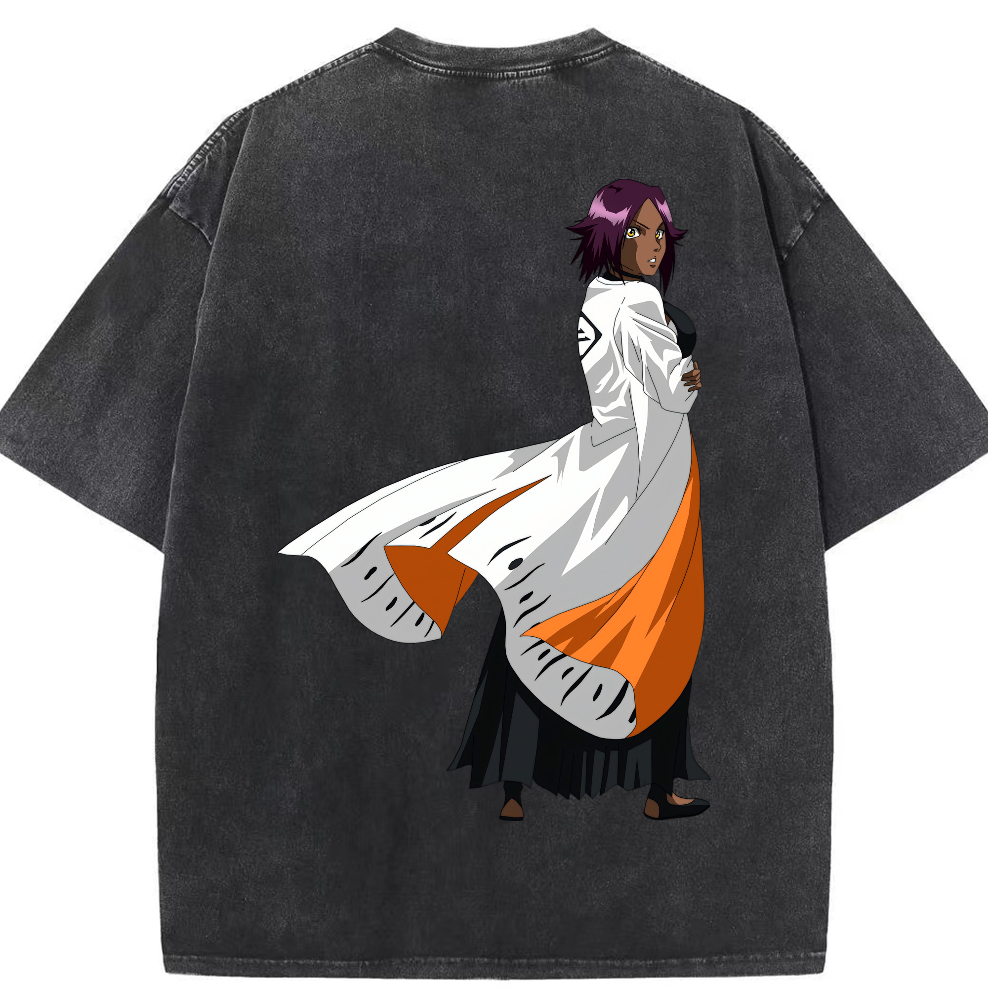 （画像用） ブリーチ 四楓院 夜一（しほういん よるいち） BLEACH Shihouin Yoruichi 綿100% ヴィンテージ風 半袖Tシャツ（背面プリント）