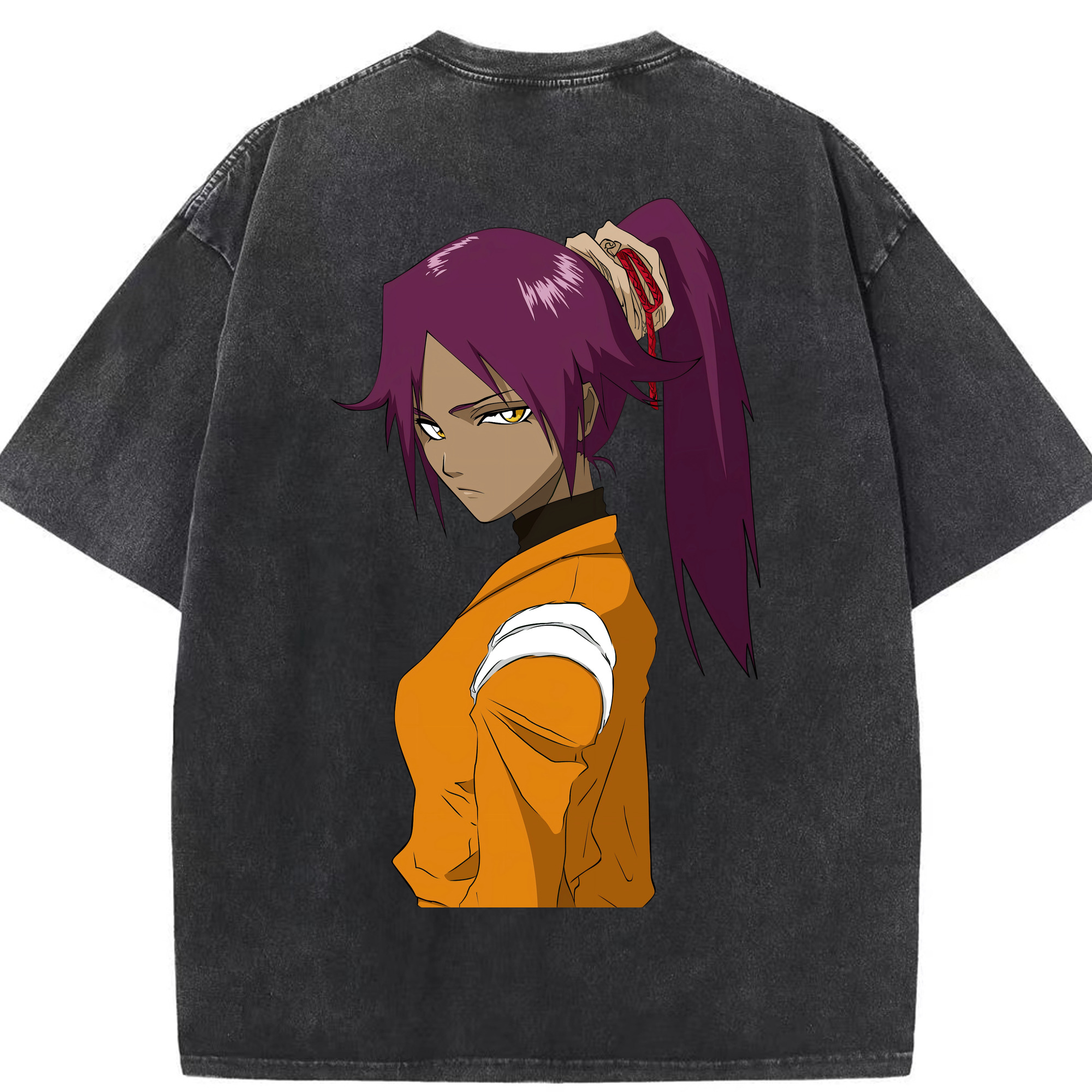 （画像用） ブリーチ 四楓院 夜一（しほういん よるいち） BLEACH Shihouin Yoruichi 綿100% ヴィンテージ風 半袖Tシャツ（背面プリント）