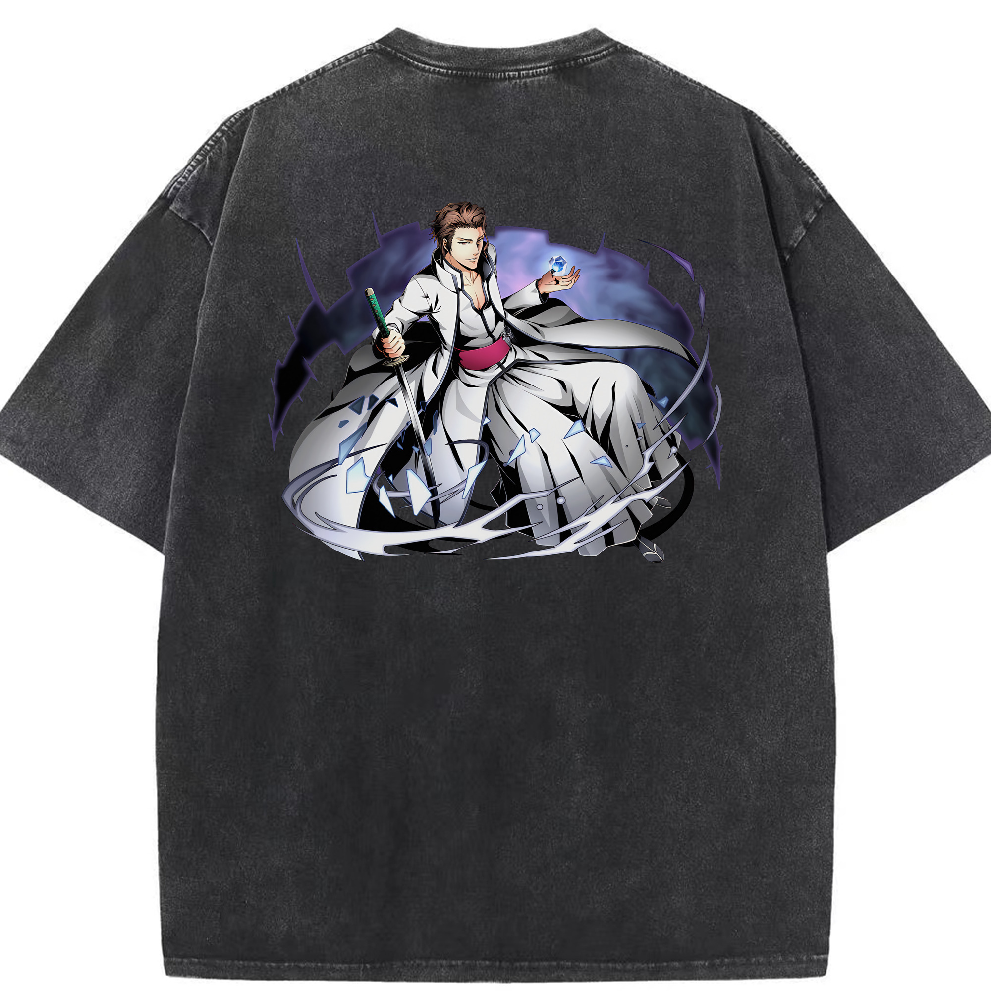 （画像用） ブリーチ 藍染 惣右介（あいぜん そうすけ） BLEACH Aizen Sousuke 綿100% ヴィンテージ風 半袖Tシャツ（背面プリント）