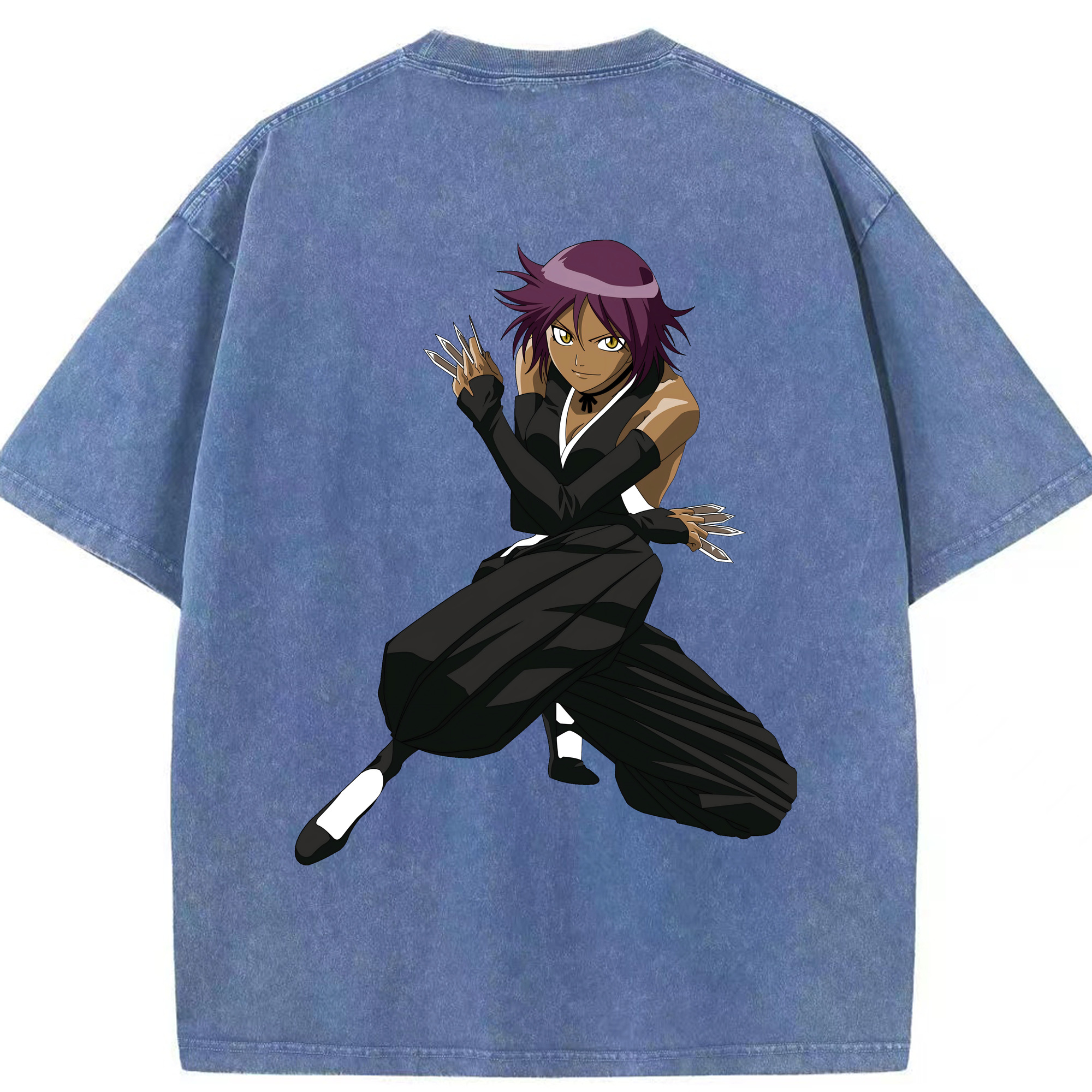 （画像用） ブリーチ 四楓院 夜一（しほういん よるいち） BLEACH Shihouin Yoruichi 綿100% ヴィンテージ風 半袖Tシャツ（背面プリント）