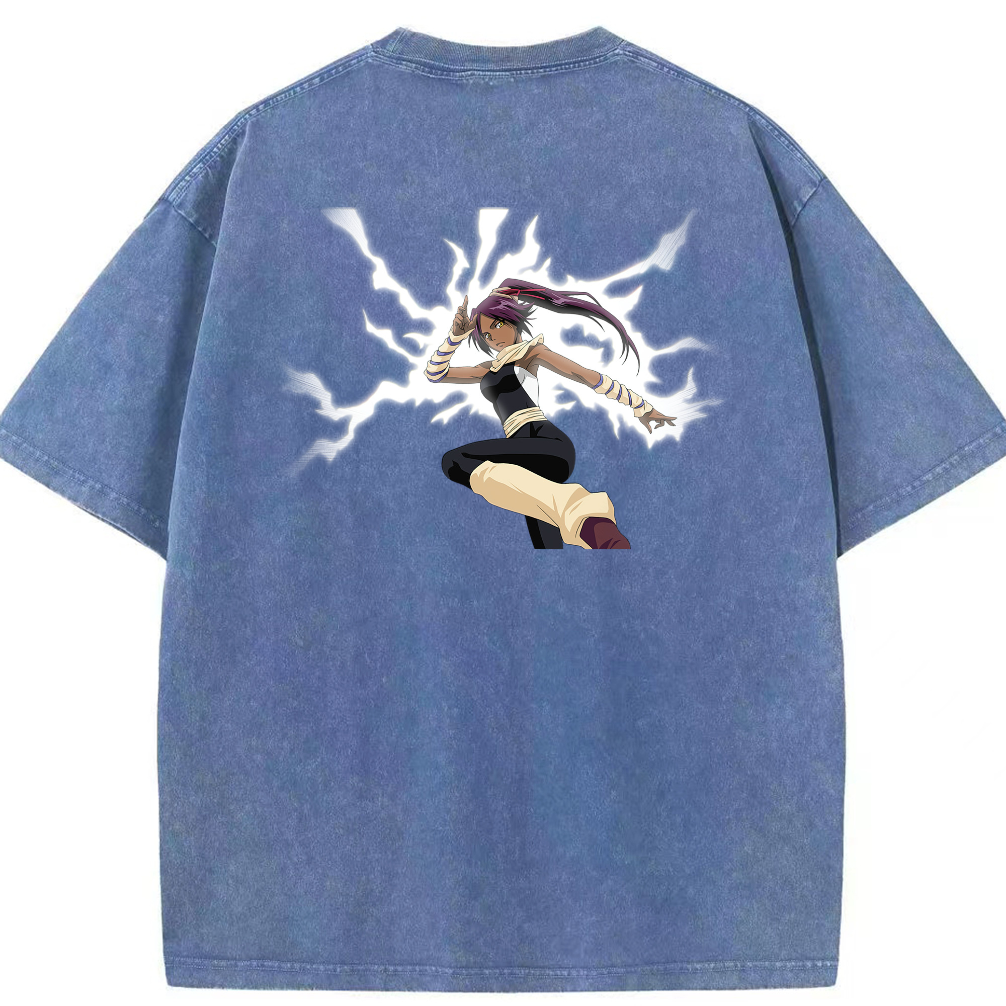 （画像用） ブリーチ 四楓院 夜一（しほういん よるいち） BLEACH Shihouin Yoruichi 綿100% ヴィンテージ風 半袖Tシャツ（背面プリント）