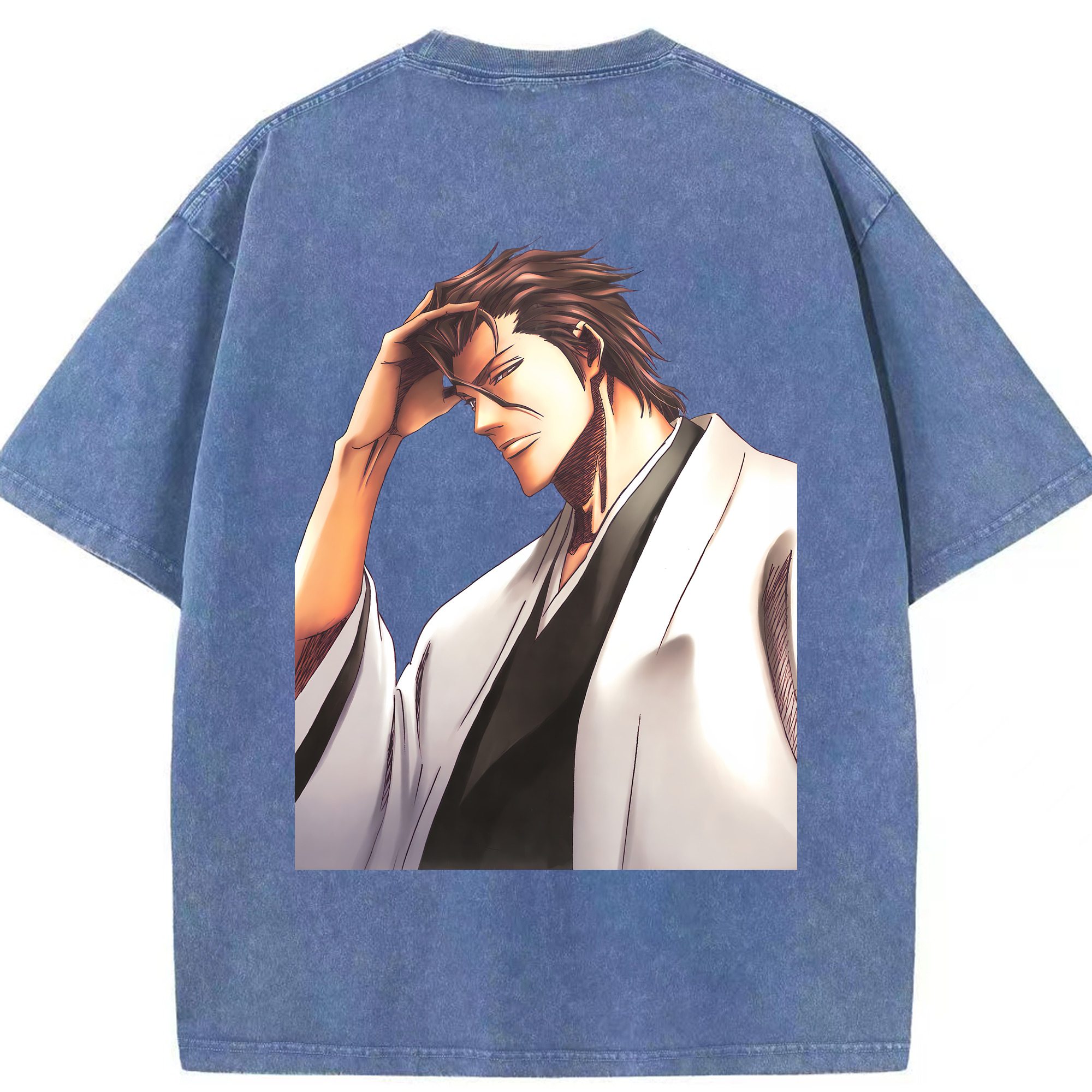 （画像用） ブリーチ 藍染 惣右介（あいぜん そうすけ） BLEACH Aizen Sousuke 綿100% ヴィンテージ風 半袖Tシャツ（背面プリント）