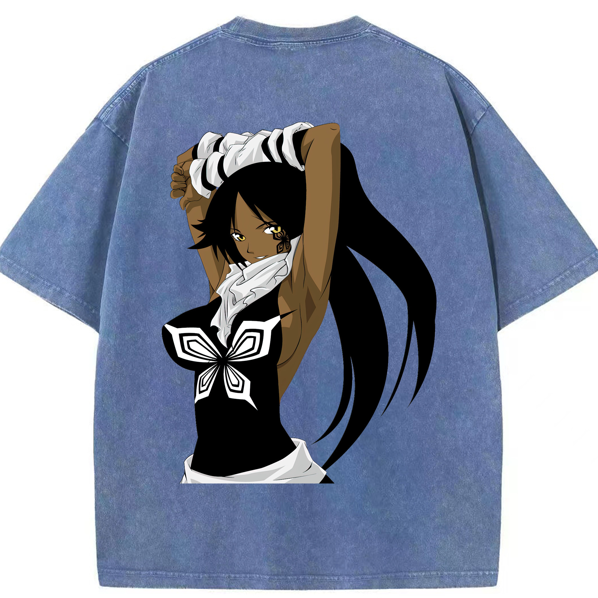 （画像用） ブリーチ 四楓院 夜一（しほういん よるいち） BLEACH Shihouin Yoruichi 綿100% ヴィンテージ風 半袖Tシャツ（背面プリント）