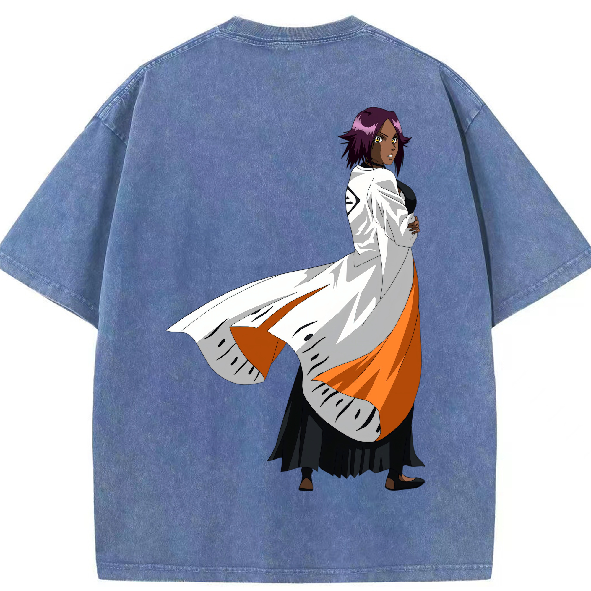 （画像用） ブリーチ 四楓院 夜一（しほういん よるいち） BLEACH Shihouin Yoruichi 綿100% ヴィンテージ風 半袖Tシャツ（背面プリント）