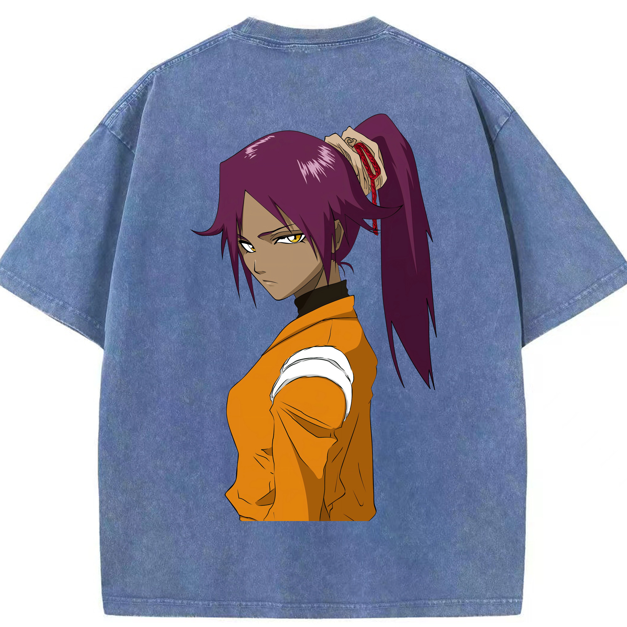 （画像用） ブリーチ 四楓院 夜一（しほういん よるいち） BLEACH Shihouin Yoruichi 綿100% ヴィンテージ風 半袖Tシャツ（背面プリント）