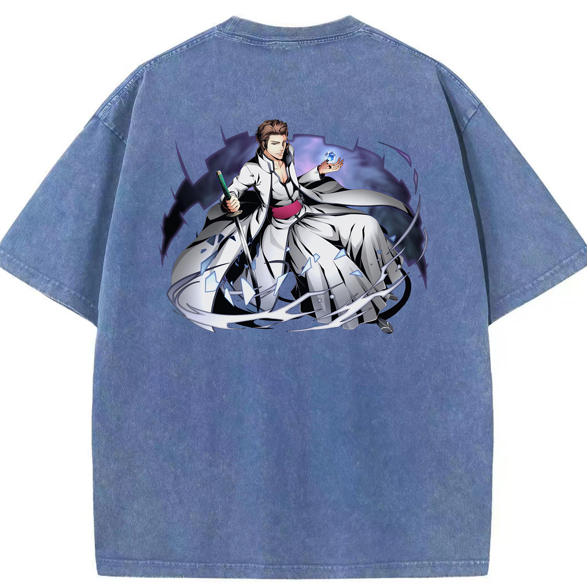 （画像用） ブリーチ 藍染 惣右介（あいぜん そうすけ） BLEACH Aizen Sousuke 綿100% ヴィンテージ風 半袖Tシャツ（背面プリント）