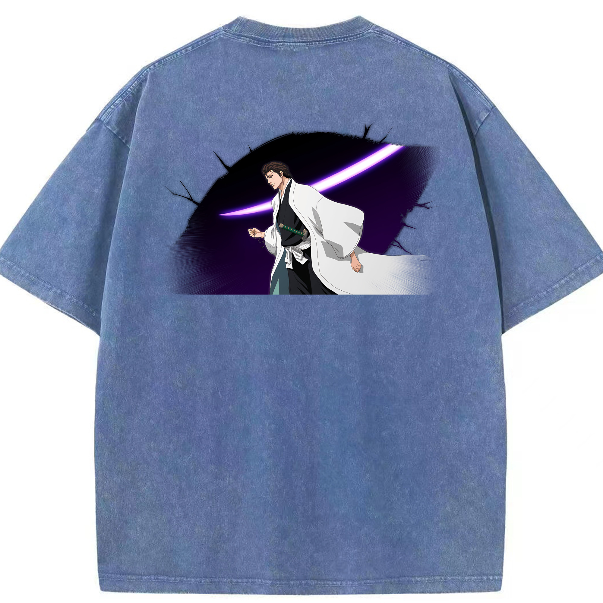 （画像用） ブリーチ 藍染 惣右介（あいぜん そうすけ） BLEACH Aizen Sousuke 綿100% ヴィンテージ風 半袖Tシャツ（背面プリント）