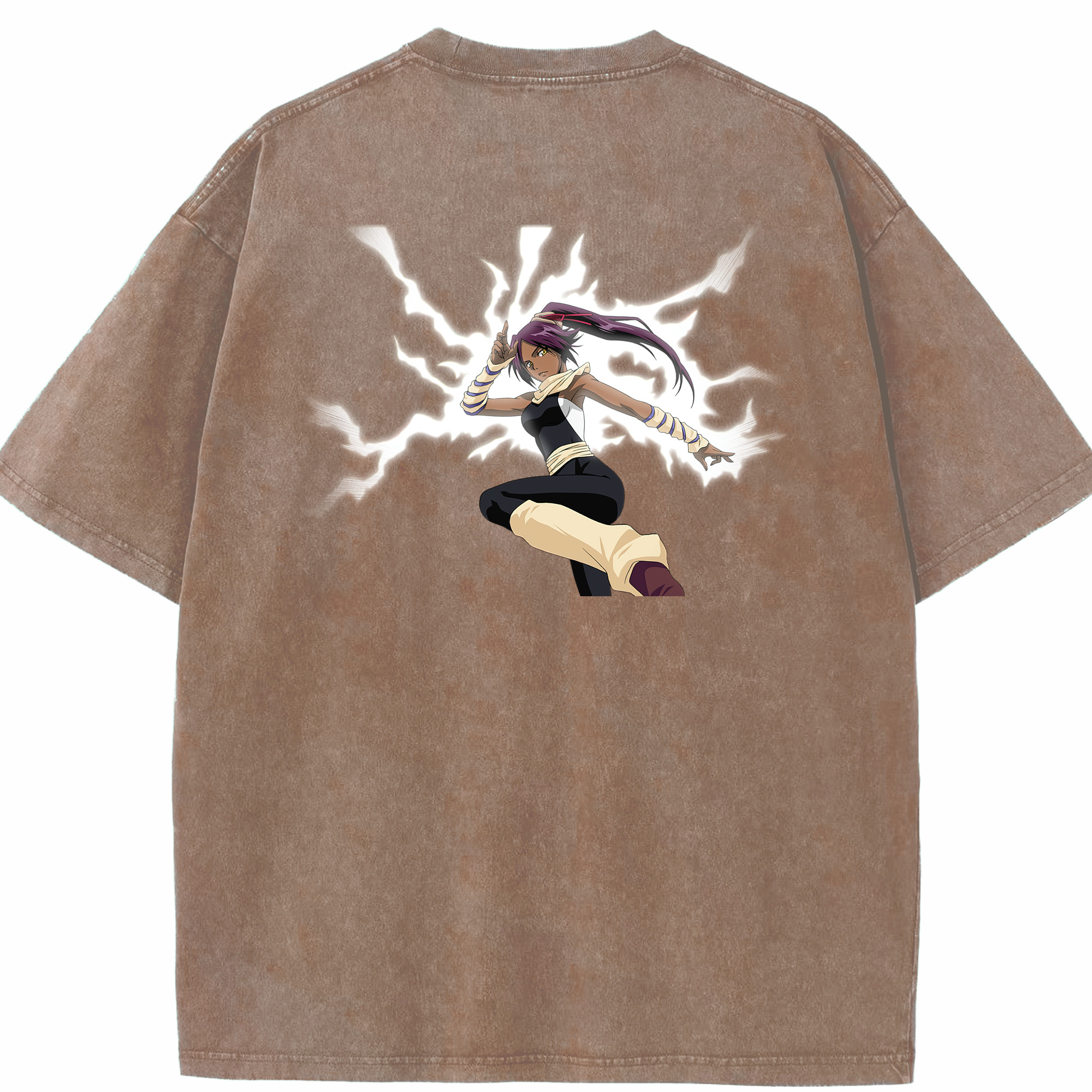 （画像用） ブリーチ 四楓院 夜一（しほういん よるいち） BLEACH Shihouin Yoruichi 綿100% ヴィンテージ風 半袖Tシャツ（背面プリント）