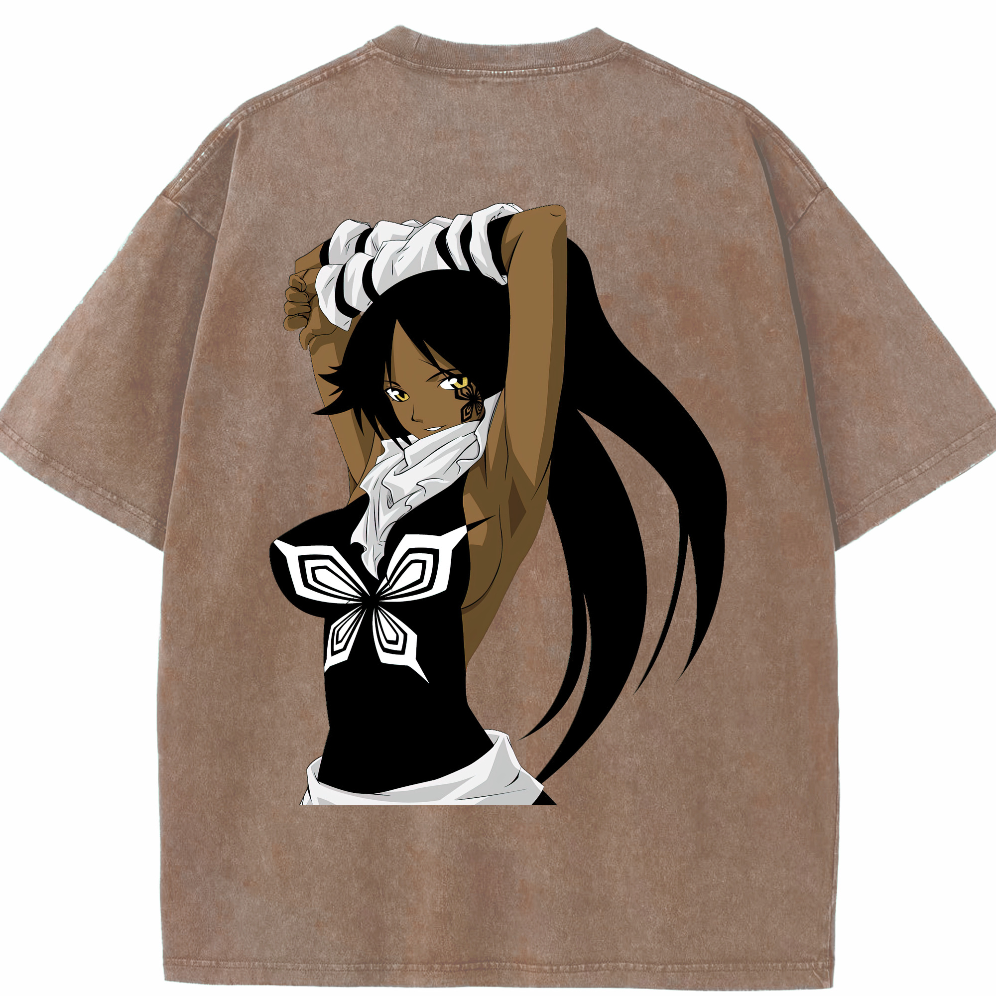 （画像用） ブリーチ 四楓院 夜一（しほういん よるいち） BLEACH Shihouin Yoruichi 綿100% ヴィンテージ風 半袖Tシャツ（背面プリント）