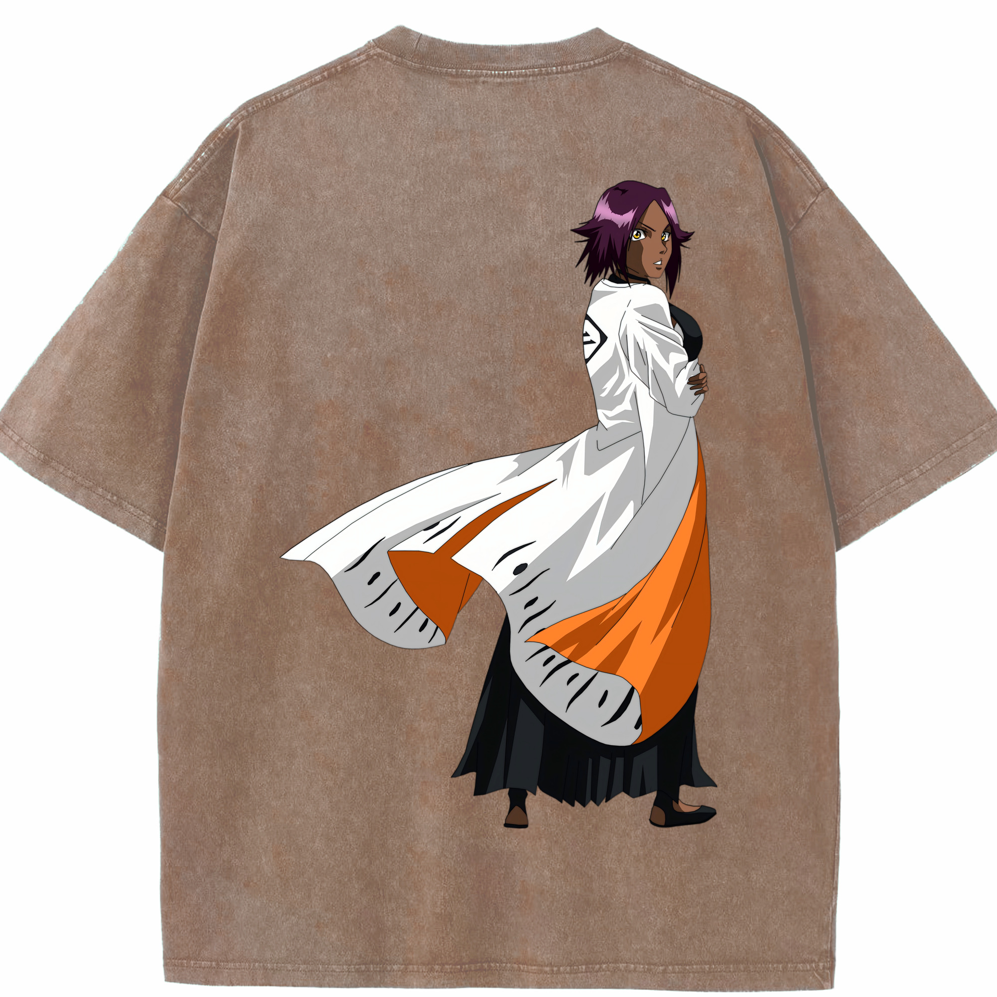（画像用） ブリーチ 四楓院 夜一（しほういん よるいち） BLEACH Shihouin Yoruichi 綿100% ヴィンテージ風 半袖Tシャツ（背面プリント）
