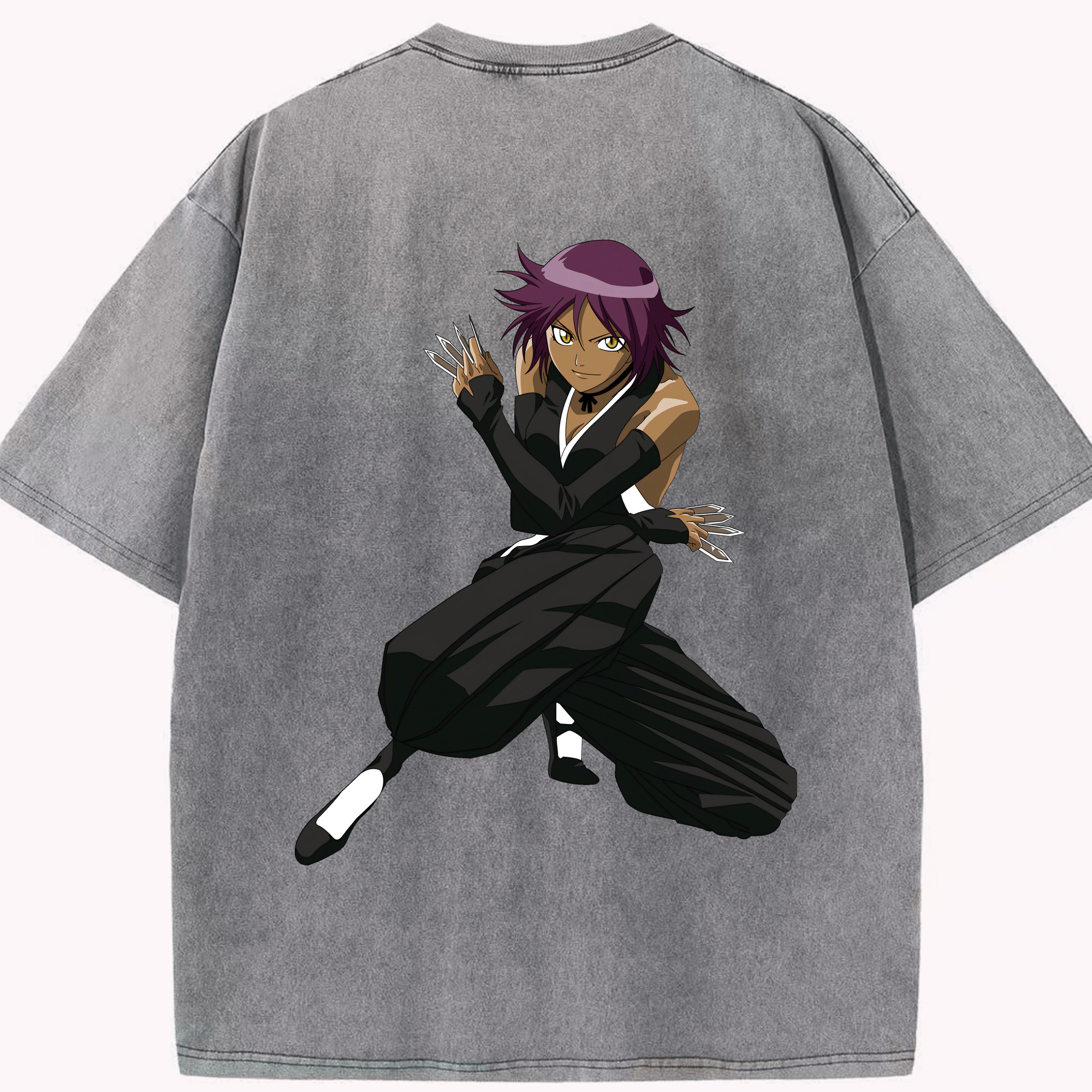 （画像用） ブリーチ 四楓院 夜一（しほういん よるいち） BLEACH Shihouin Yoruichi 綿100% ヴィンテージ風 半袖Tシャツ（背面プリント）