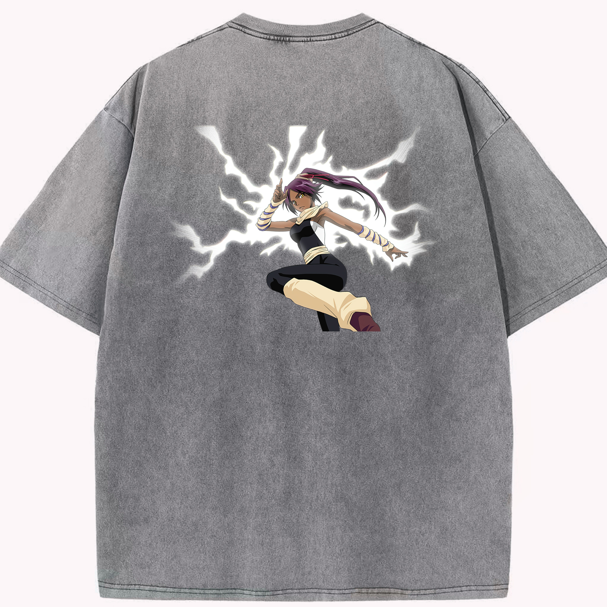 （画像用） ブリーチ 四楓院 夜一（しほういん よるいち） BLEACH Shihouin Yoruichi 綿100% ヴィンテージ風 半袖Tシャツ（背面プリント）