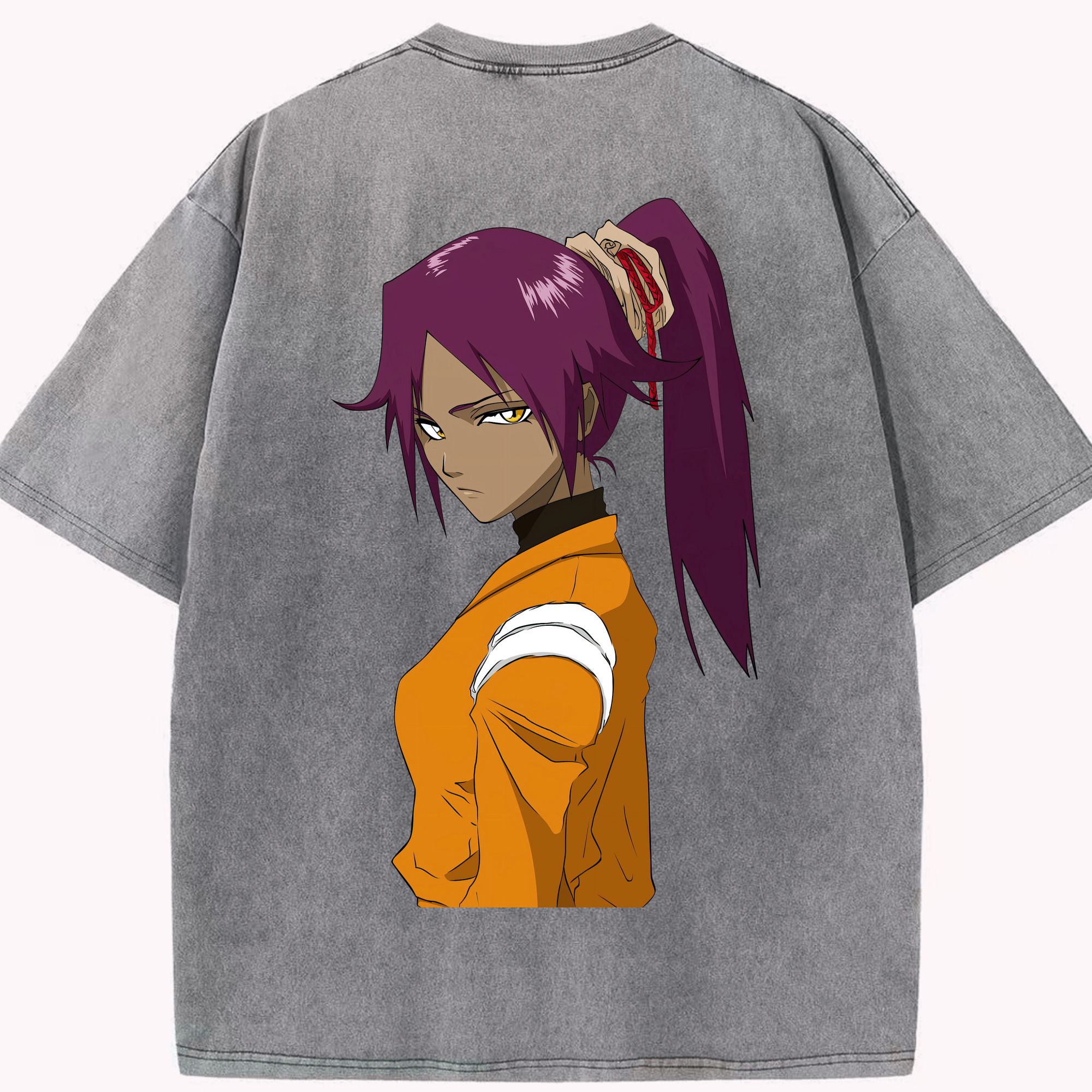 （画像用） ブリーチ 四楓院 夜一（しほういん よるいち） BLEACH Shihouin Yoruichi 綿100% ヴィンテージ風 半袖Tシャツ（背面プリント）