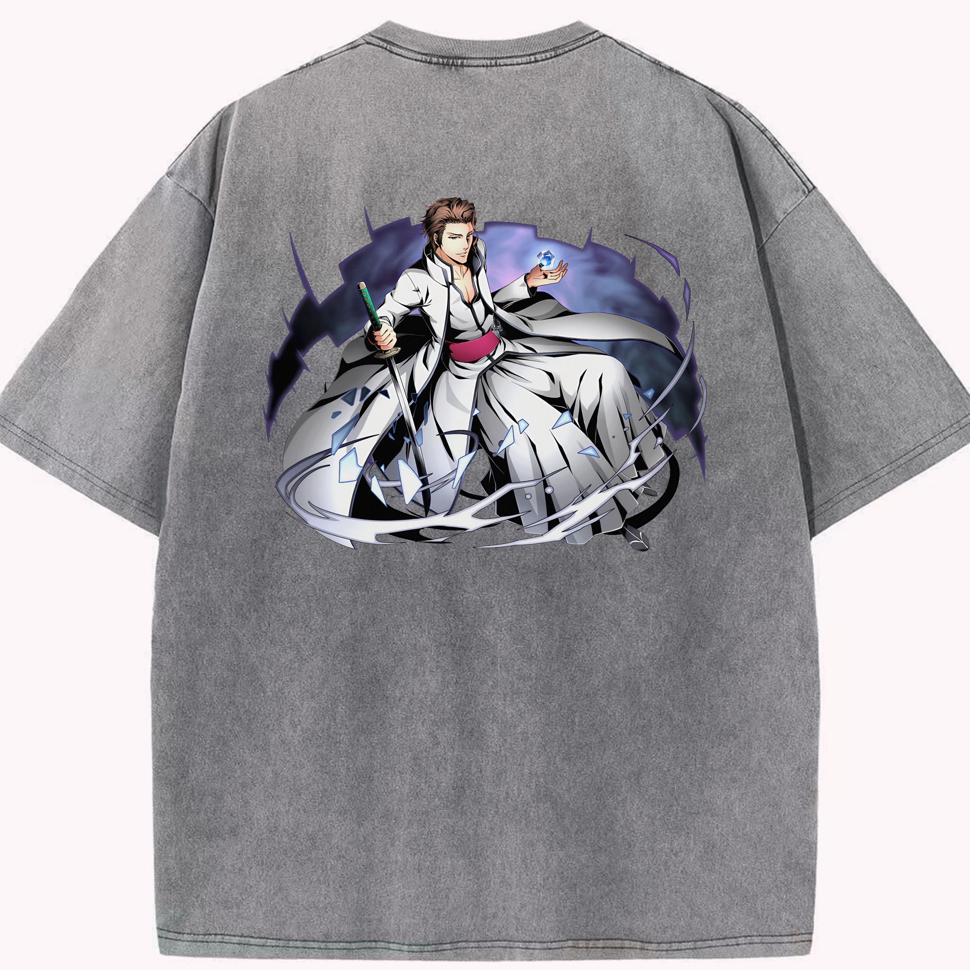 （画像用） ブリーチ 藍染 惣右介（あいぜん そうすけ） BLEACH Aizen Sousuke 綿100% ヴィンテージ風 半袖Tシャツ（背面プリント）