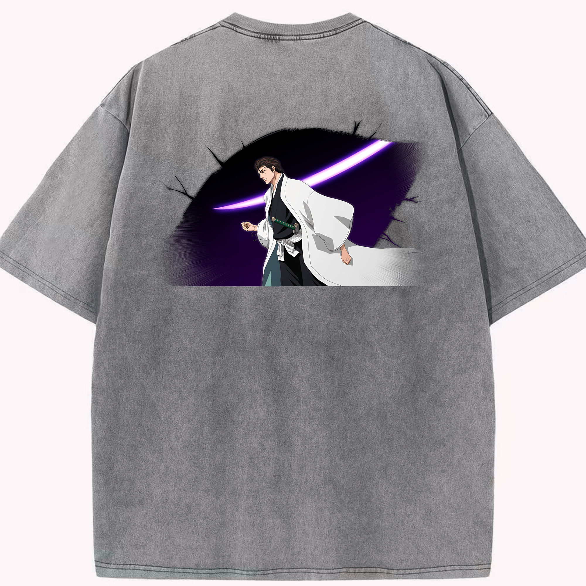 （画像用） ブリーチ 藍染 惣右介（あいぜん そうすけ） BLEACH Aizen Sousuke 綿100% ヴィンテージ風 半袖Tシャツ（背面プリント）