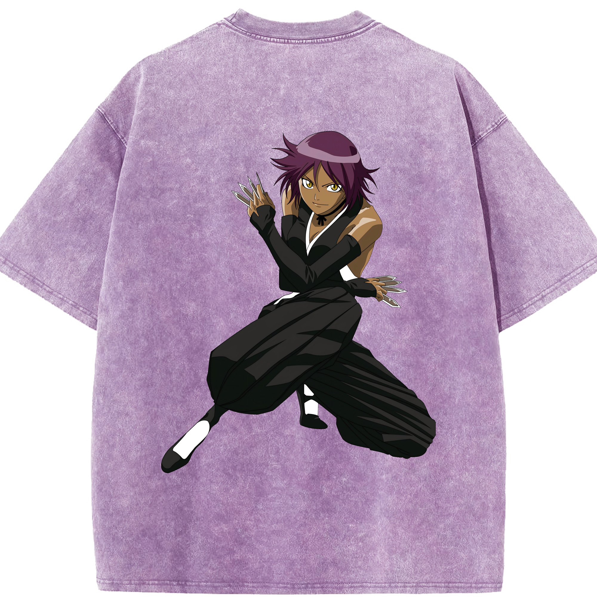 （画像用） ブリーチ 四楓院 夜一（しほういん よるいち） BLEACH Shihouin Yoruichi 綿100% ヴィンテージ風 半袖Tシャツ（背面プリント）