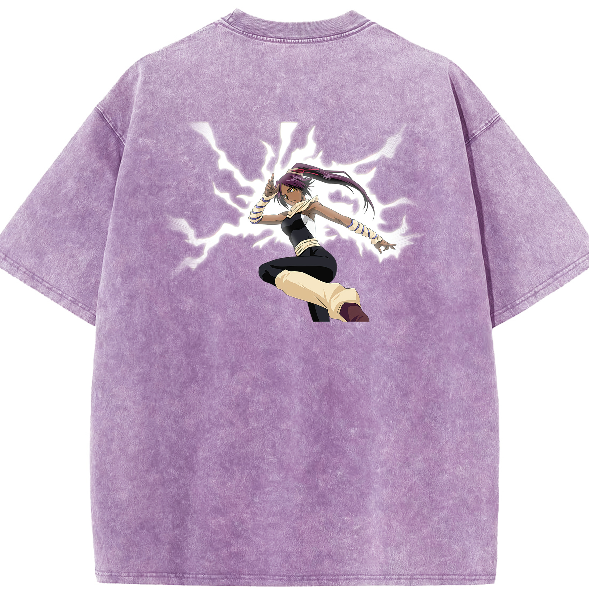 （画像用） ブリーチ 四楓院 夜一（しほういん よるいち） BLEACH Shihouin Yoruichi 綿100% ヴィンテージ風 半袖Tシャツ（背面プリント）