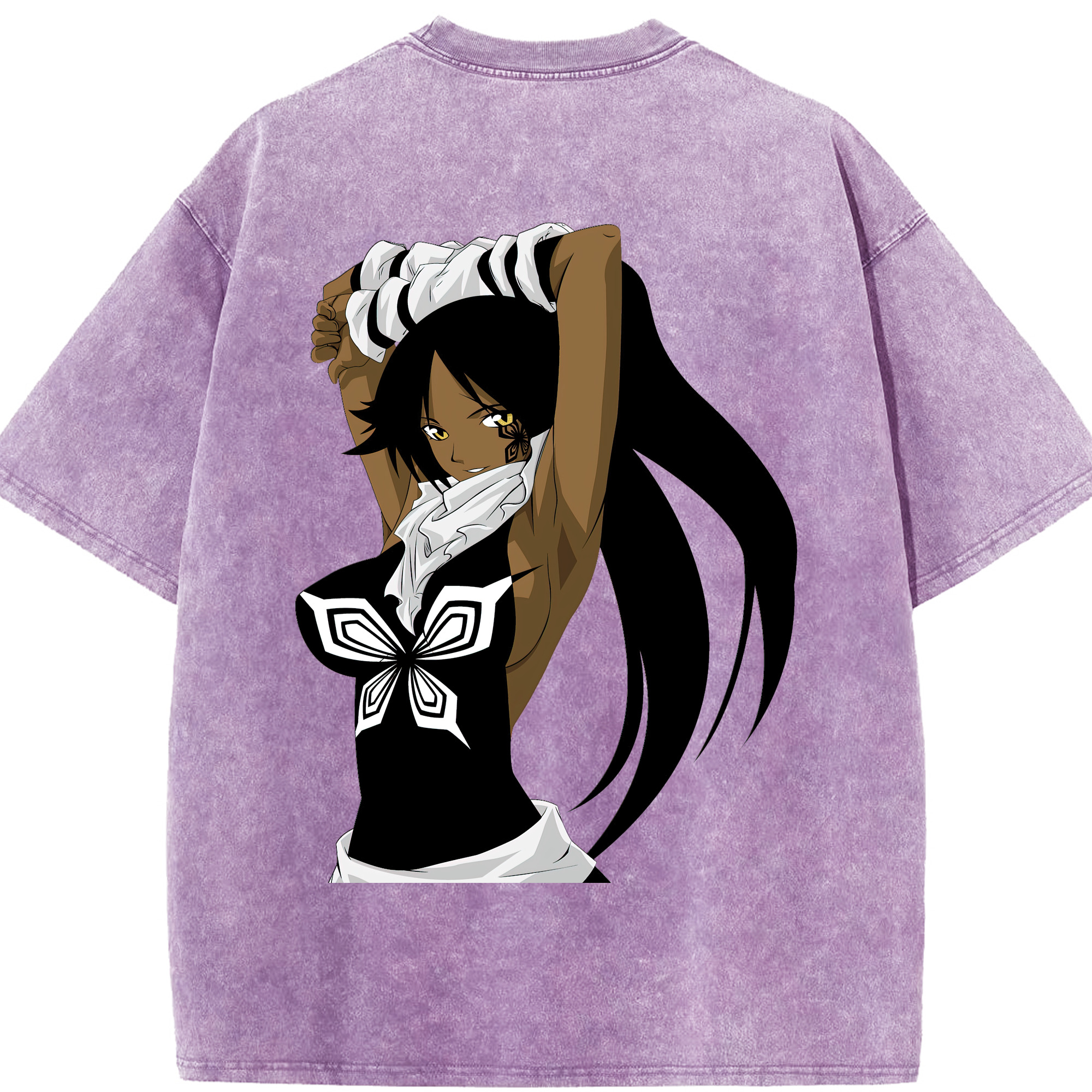 （画像用） ブリーチ 四楓院 夜一（しほういん よるいち） BLEACH Shihouin Yoruichi 綿100% ヴィンテージ風 半袖Tシャツ（背面プリント）