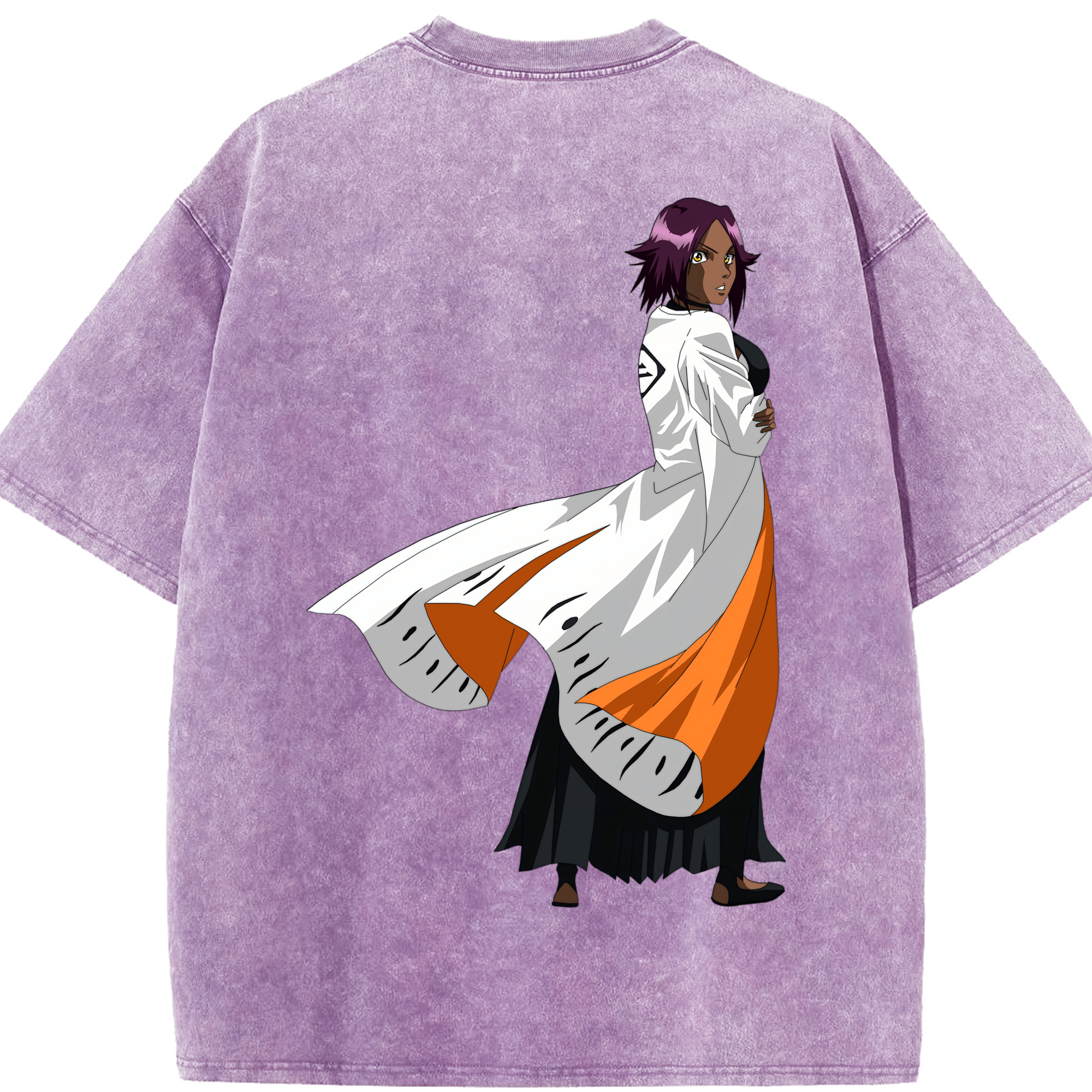 （画像用） ブリーチ 四楓院 夜一（しほういん よるいち） BLEACH Shihouin Yoruichi 綿100% ヴィンテージ風 半袖Tシャツ（背面プリント）