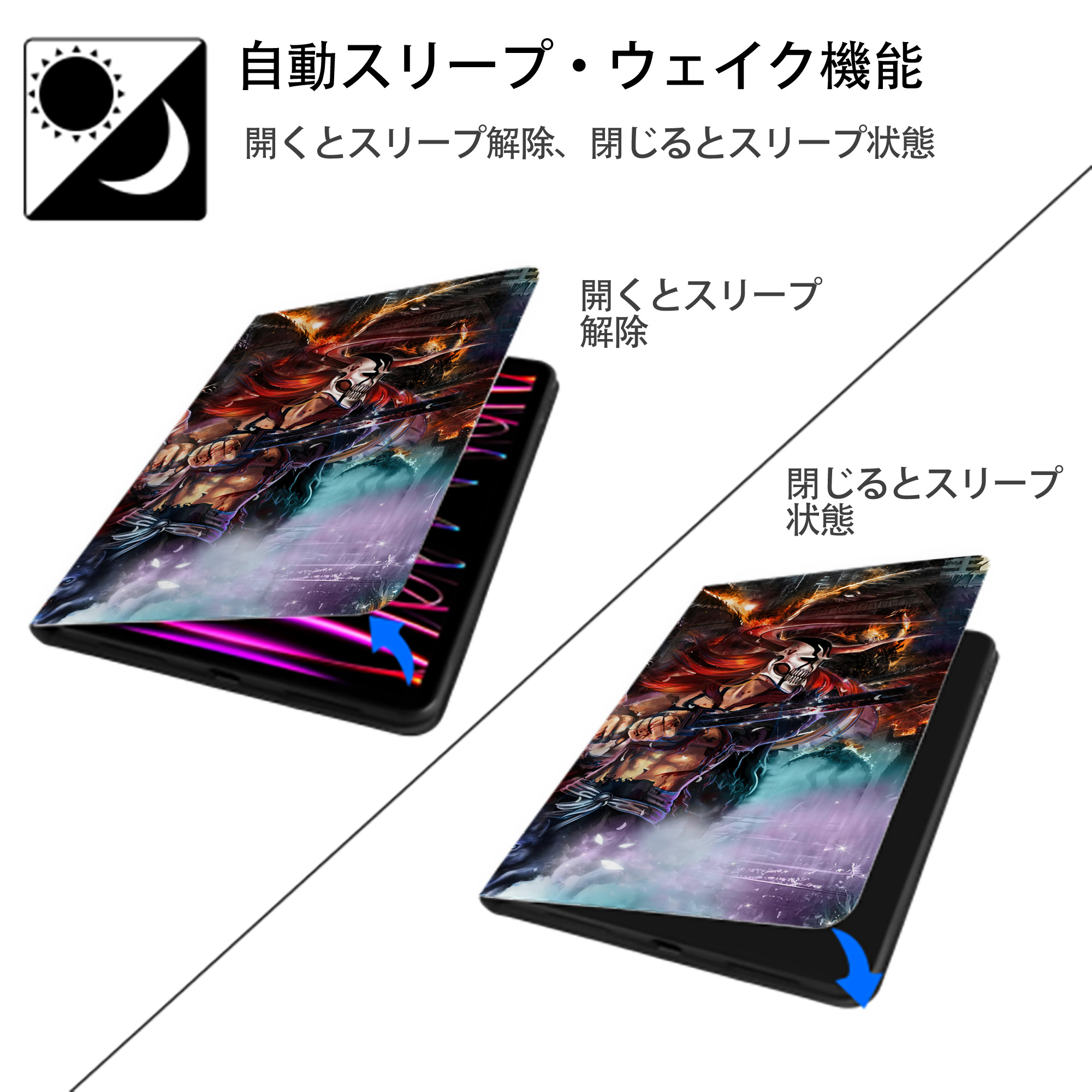 ブリーチ BLEACH IPad ケース ブック型 PUレザー TPU 耐衝撃 軽量 薄型 ペン収納なし 全面保護 IPad 各モデル対応