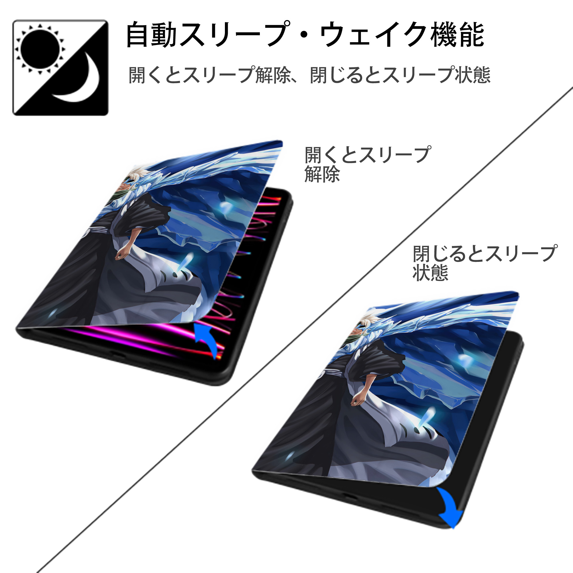 ブリーチ BLEACH IPad ケース ブック型 PUレザー TPU 耐衝撃 軽量 薄型 ペン収納なし 全面保護 IPad 各モデル対応