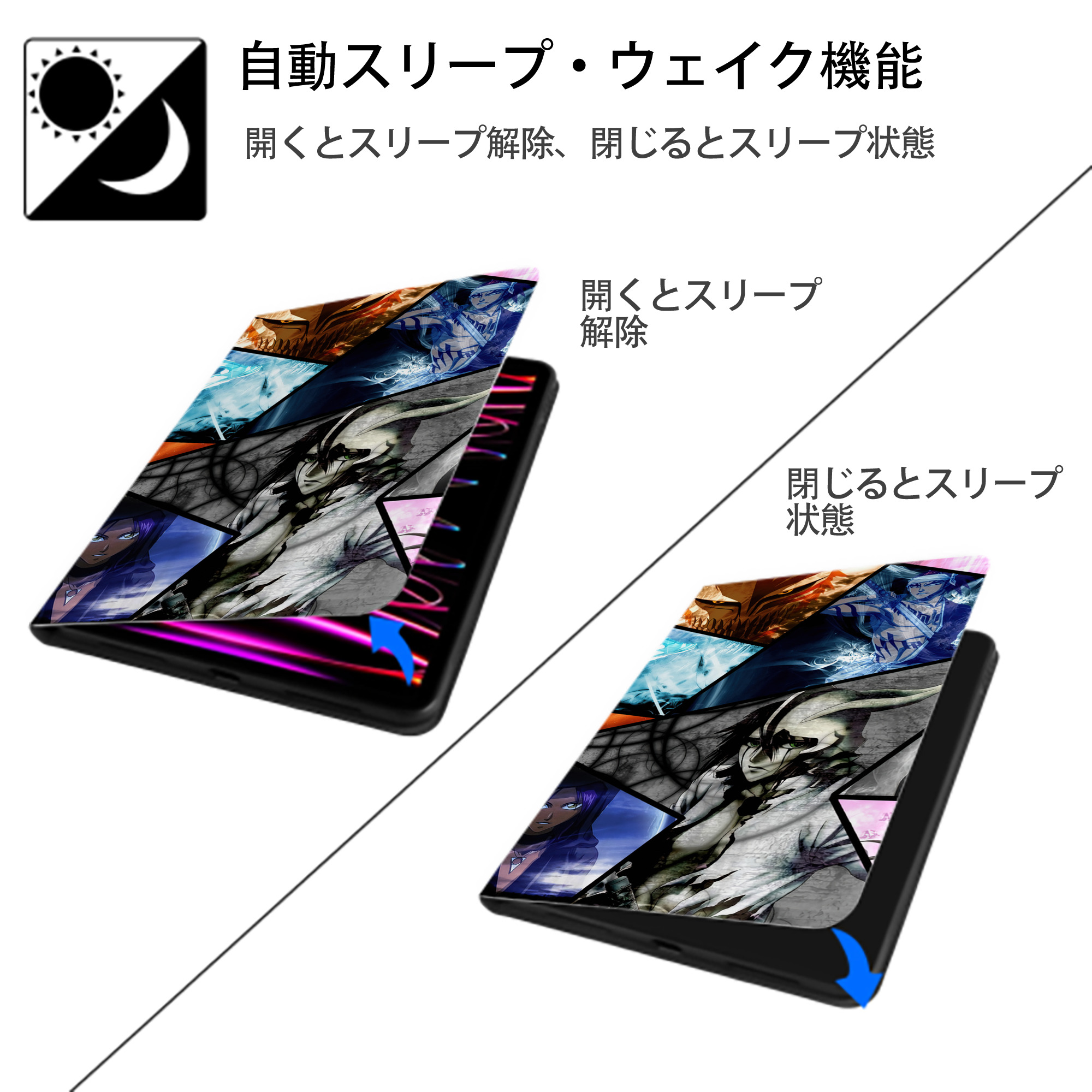 ブリーチ BLEACH IPad ケース ブック型 PUレザー TPU 耐衝撃 軽量 薄型 ペン収納なし 全面保護 IPad 各モデル対応