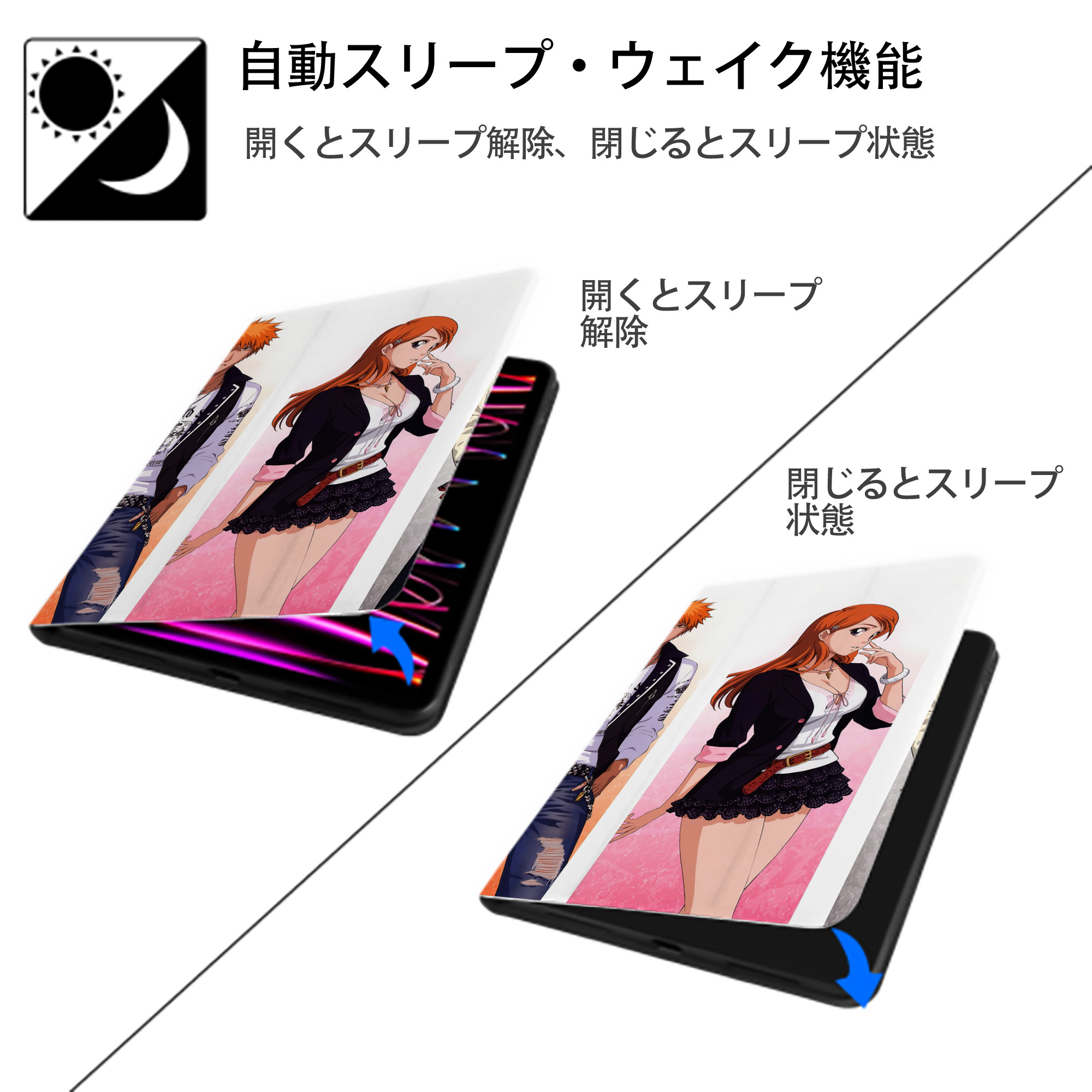 ブリーチ BLEACH IPad ケース ブック型 PUレザー TPU 耐衝撃 軽量 薄型 ペン収納なし 全面保護 IPad 各モデル対応