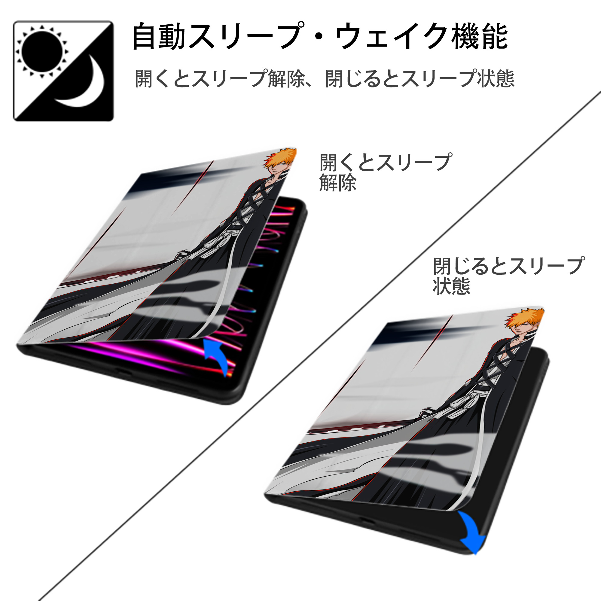 ブリーチ BLEACH IPad ケース ブック型 PUレザー TPU 耐衝撃 軽量 薄型 ペン収納なし 全面保護 IPad 各モデル対応