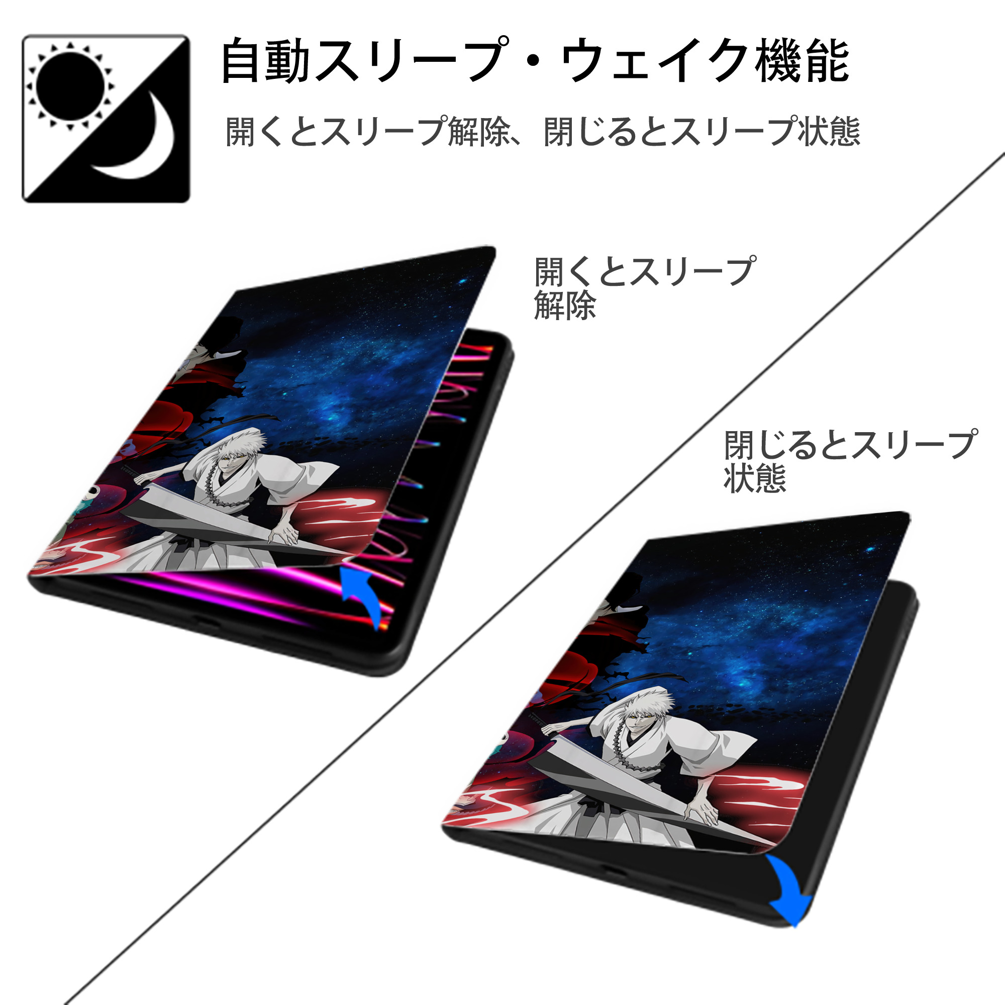 ブリーチ BLEACH IPad ケース ブック型 PUレザー TPU 耐衝撃 軽量 薄型 ペン収納なし 全面保護 IPad 各モデル対応