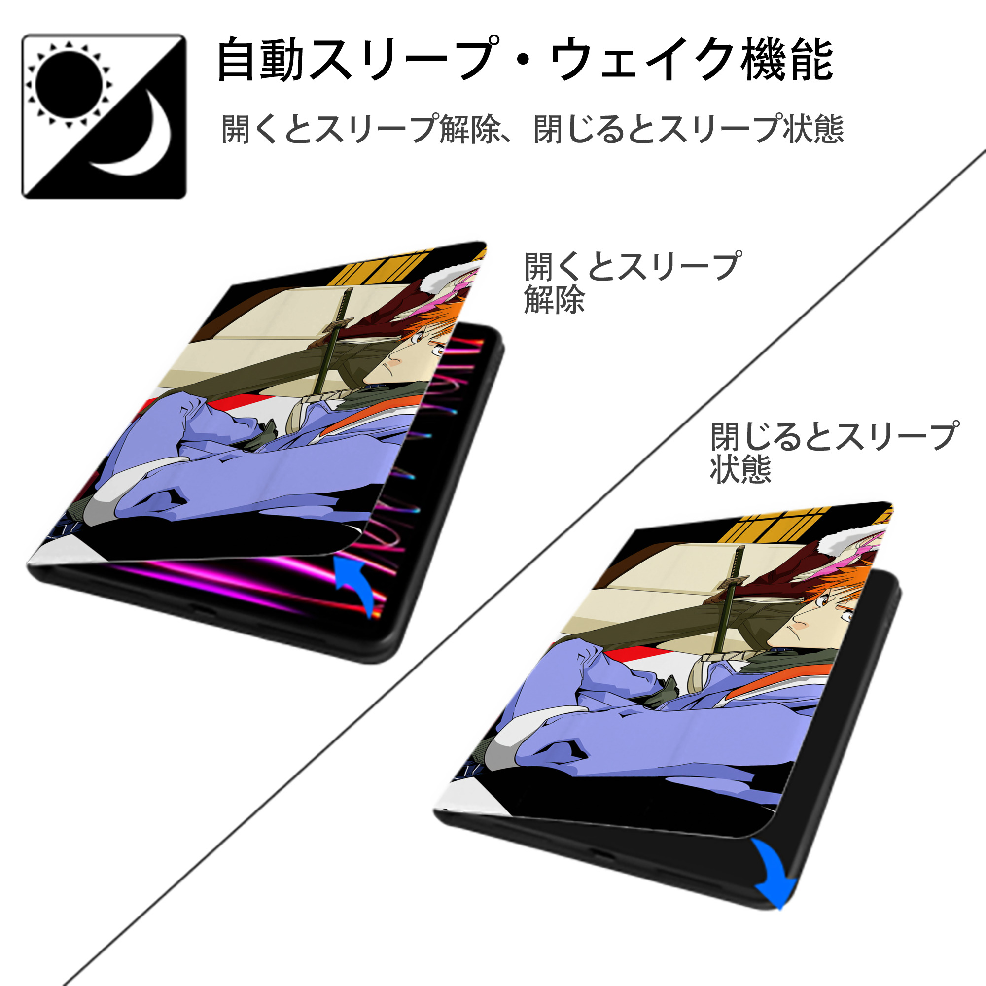 ブリーチ BLEACH IPad ケース ブック型 PUレザー TPU 耐衝撃 軽量 薄型 ペン収納なし 全面保護 IPad 各モデル対応